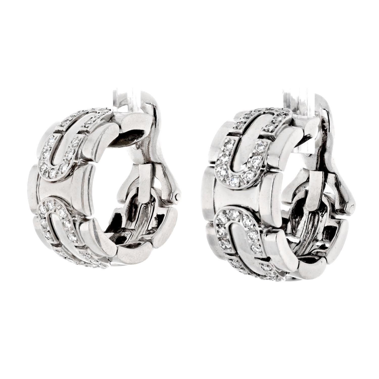 Modern Cartier Panthere Maillon 18k White Gold Panthere Maillon Diamond Hoop Earrings For Sale