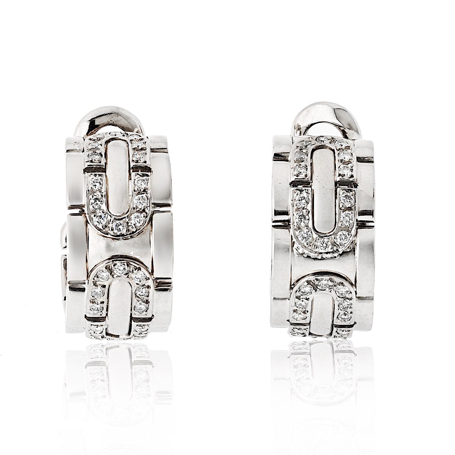 Women's Cartier Panthere Maillon 18k White Gold Panthere Maillon Diamond Hoop Earrings For Sale