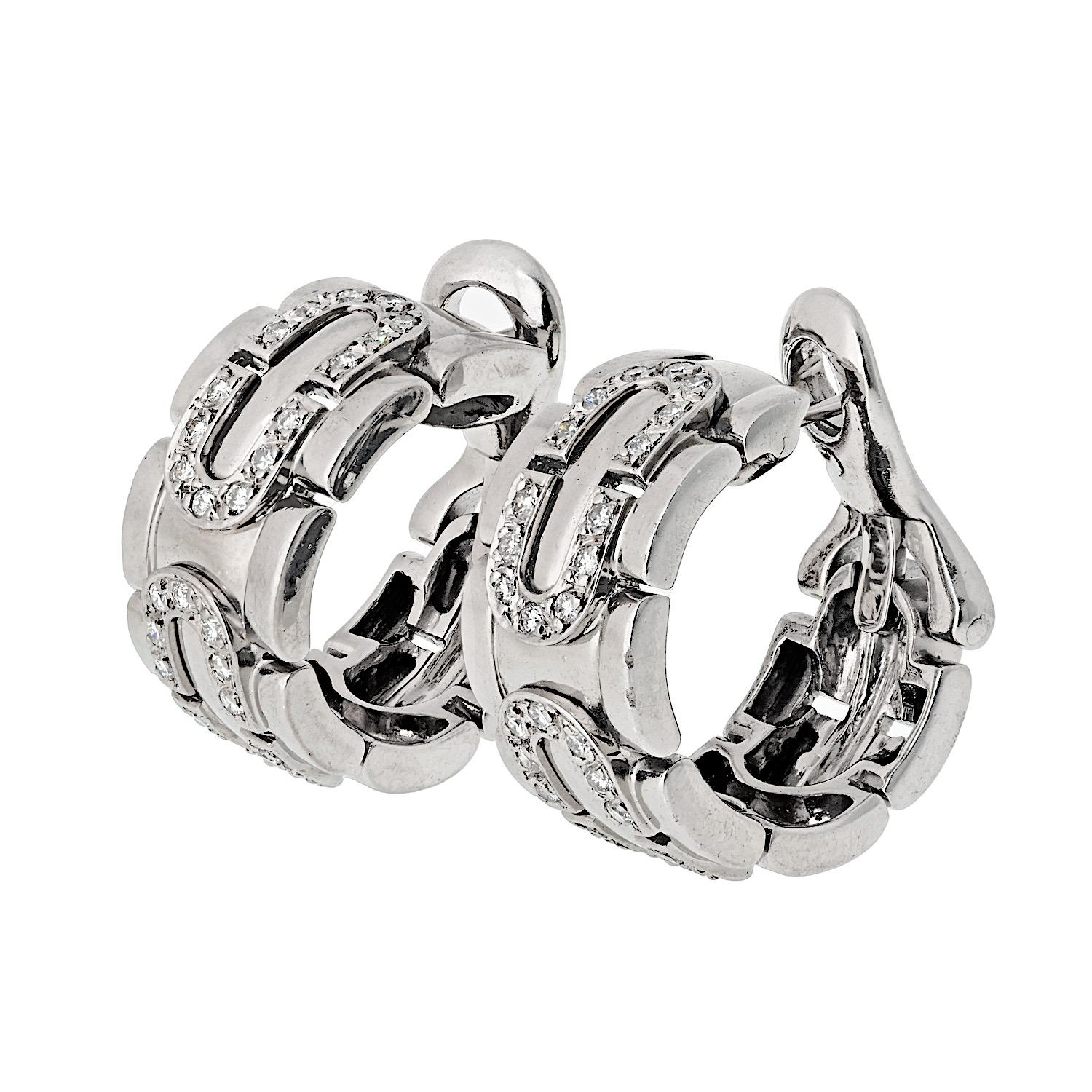 Cartier Panthere Maillon 18k White Gold Panthere Maillon Diamond Hoop Earrings For Sale 1