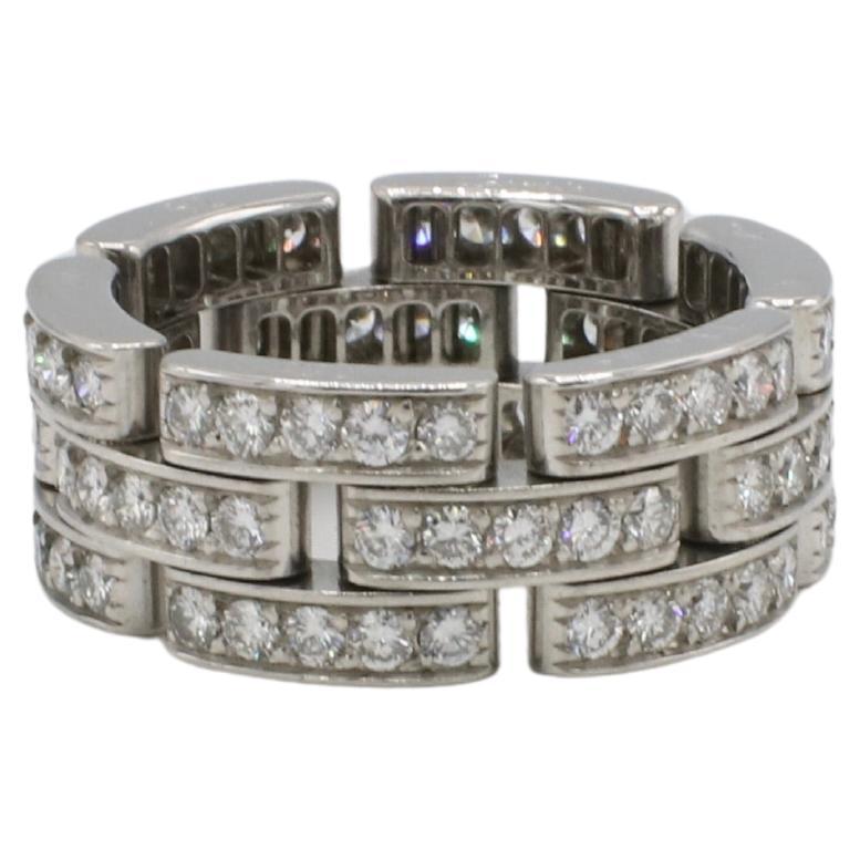 Cartier Panthere Maillon Anello a tre file di diamanti naturali in oro bianco 18 carati per l'eternità 
Metallo: oro bianco 18 carati
Peso: 9,53 grammi
Taglia: 52 (6 US)
Larghezza: 8 mm
Diamanti: 175 diamanti naturali taglio brillante per un totale