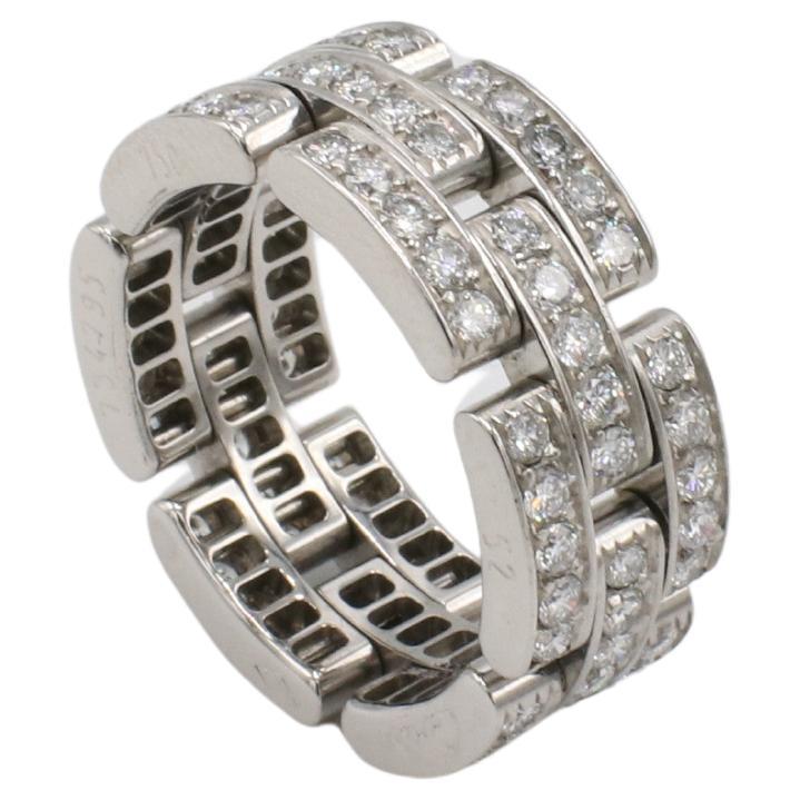 Taglio rotondo Cartier Panthere Maillon Anello a tre file di diamanti naturali in oro bianco 18 carati in vendita