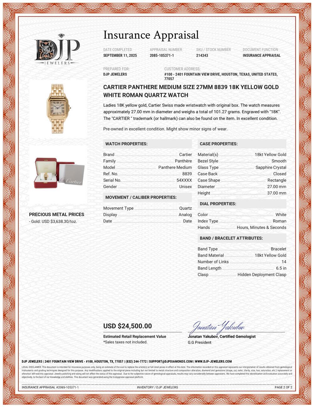 Cartier Panthere Medium Größe 27MM 8839 18K Gelbgold weiß römische Quarzuhr im Angebot 7