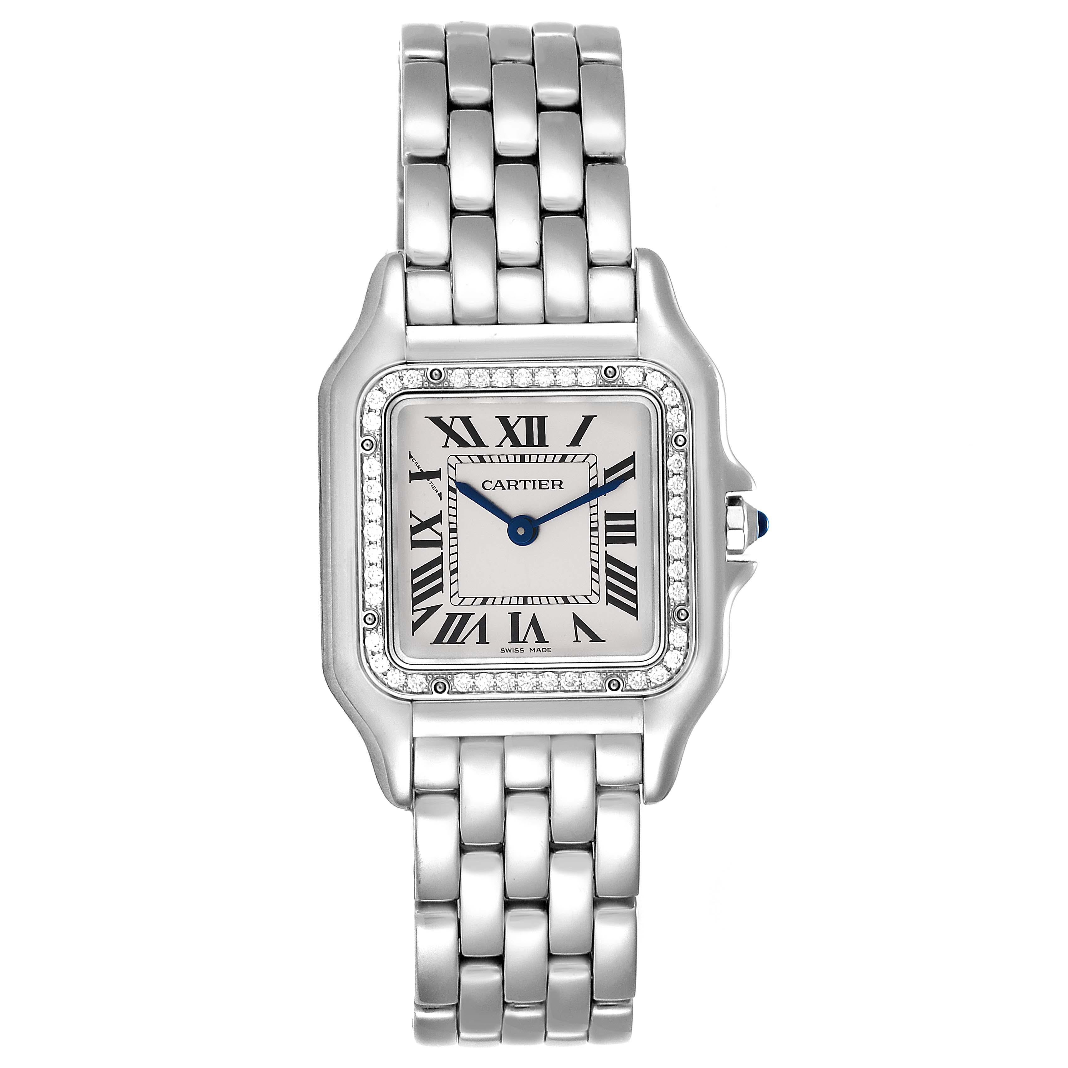 Cartier Panthere Medium Steel Diamond Ladies Watch W4PN0008. Quartz movement. Stainless steel case 27.0 x 37.0 mm. Octagonal crown set with blue spinnel cabochon. Original Cartier stainless steel diamond bezel. Scratch resistant sapphire crystal.