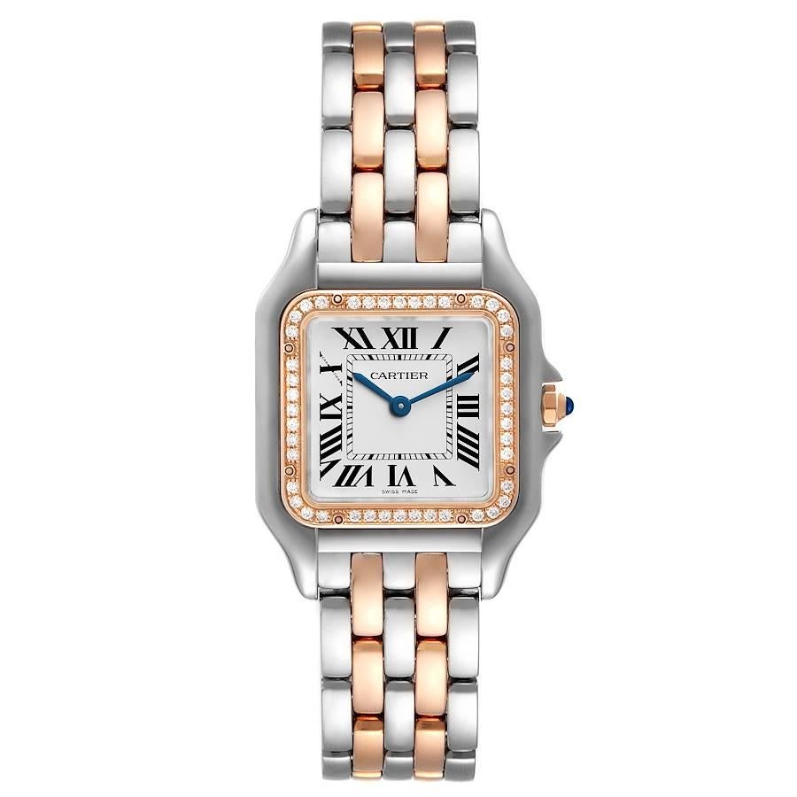 Cartier Panthere Medium Steel Rose Gold Diamond Ladies Watch W3PN0007 Box Card. Quartz movement. Stainless steel and 18k rose gold case 29 mm x 37 mm. 6 mm case thickness. 18k rose gold octagonal crown set with a blue spinel cabochon. Original