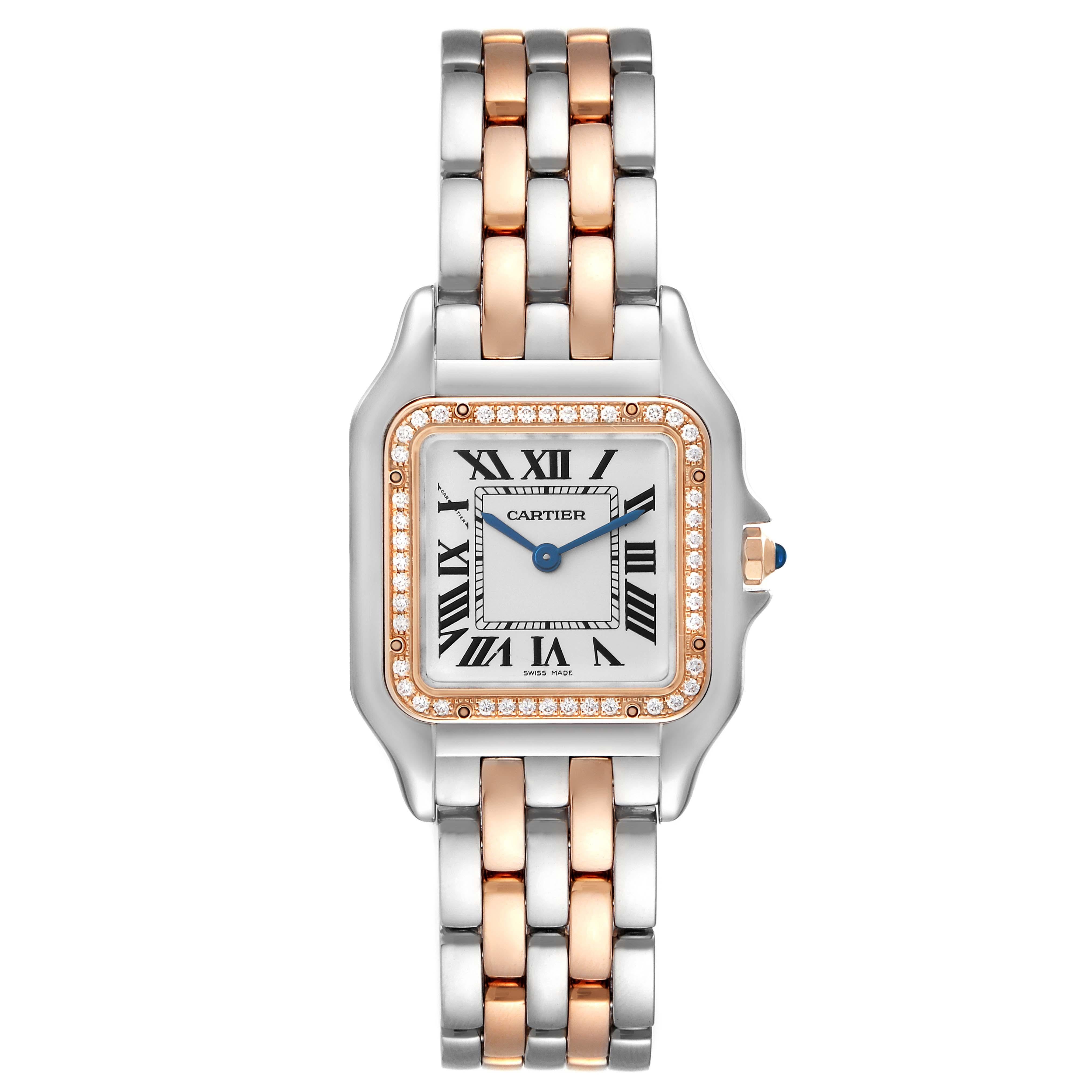 Cartier Panthere Medium Steel Rose Gold Diamond Ladies Watch W3PN0007. Quartz movement. Stainless steel and 18k rose gold case 29 mm x 37 mm. 6 mm case thickness. 18k rose gold octagonal crown set with a blue spinel cabochon. Original Cartier
