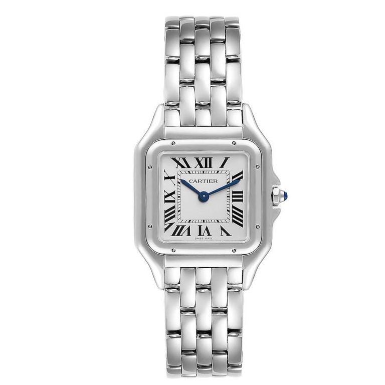 Cartier Panthere Midsize 27mm Steel Ladies Watch WSPN0007 Box Card. Quartz movement. Stainless steel case 27 x 37 mm. Octagonal crown set with the blue spinel cabochon. . Scratch resistant sapphire crystal. Silver grained dial with black roman