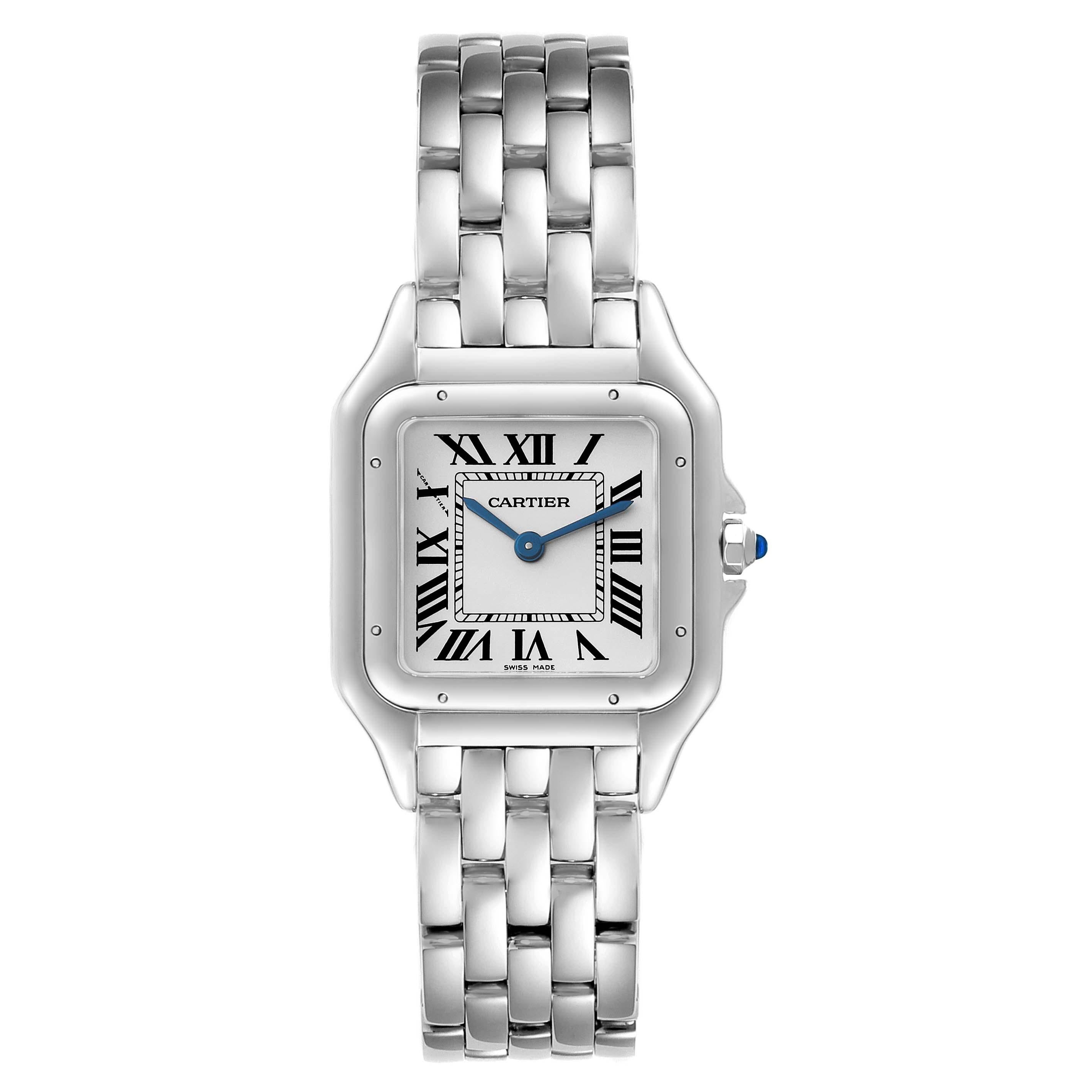 Cartier Panthere Midsize 27mm Steel Ladies Watch WSPN0007. Quartz movement. Stainless steel case 27 x 37 mm. Octagonal crown set with the blue spinel cabochon. . Scratch resistant sapphire crystal. Silver grained dial with black Roman numerals.