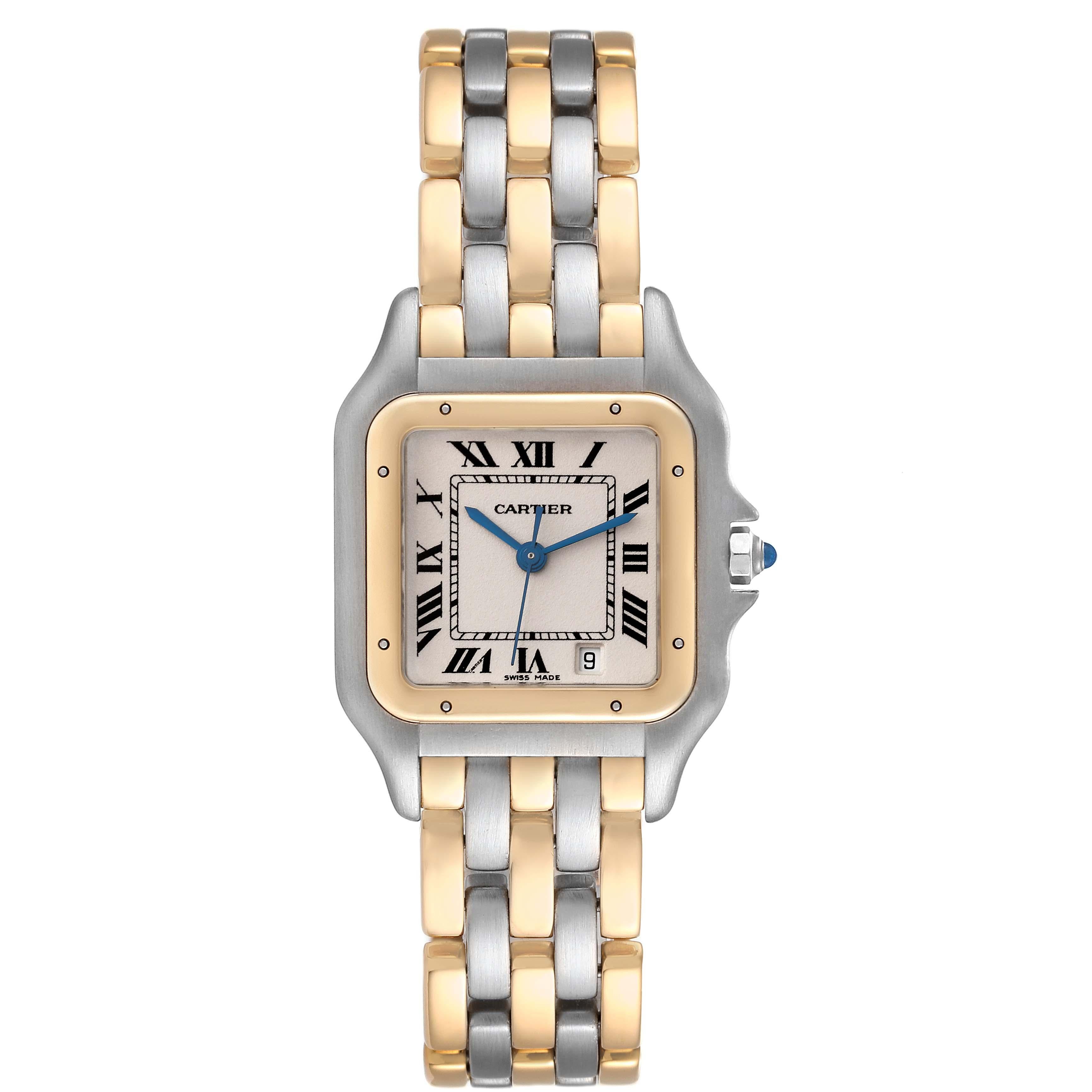 Cartier Panthere Midsize Steel Yellow Gold Three Row Ladies Watch 83083244 Box Papers. Quartz movement. Stainless steel and 18k yellow gold case 26.0 x 36.0 mm. Octagonal crown set with the blue spinel cabochon. . Scratch resistant sapphire crystal.