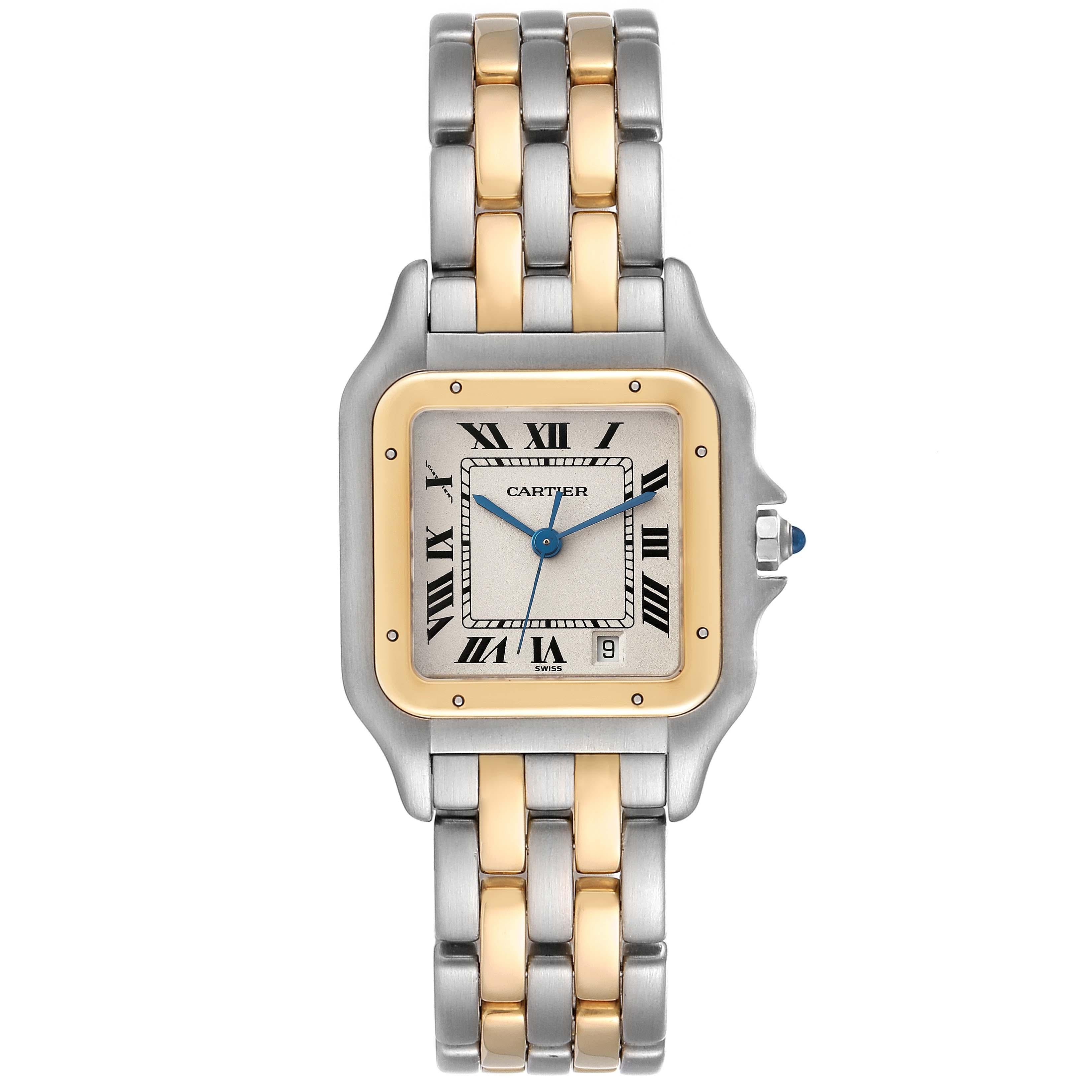 Cartier Panthere Midsize Steel Yellow Gold Two Row Ladies Watch W25028B8. Quartz movement. Stainless steel and 18k yellow gold case 26.0 x 36.0 mm. Octagonal crown set with the blue spinel cabochon. . Scratch resistant sapphire crystal. Silver dial
