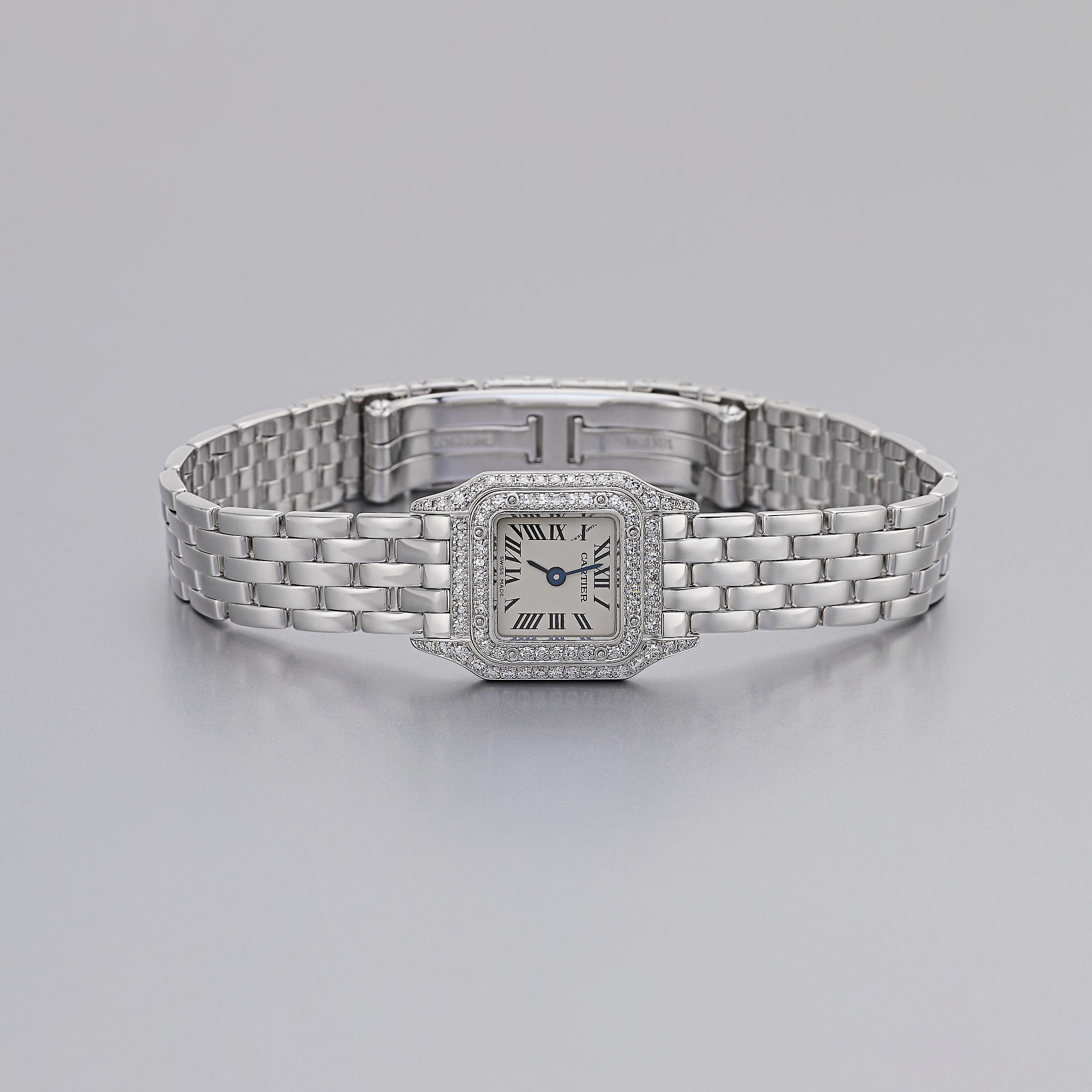 Taglio brillante Cartier Panthere Mini Diamond 18K White Gold Watch with Certificate and Box in vendita