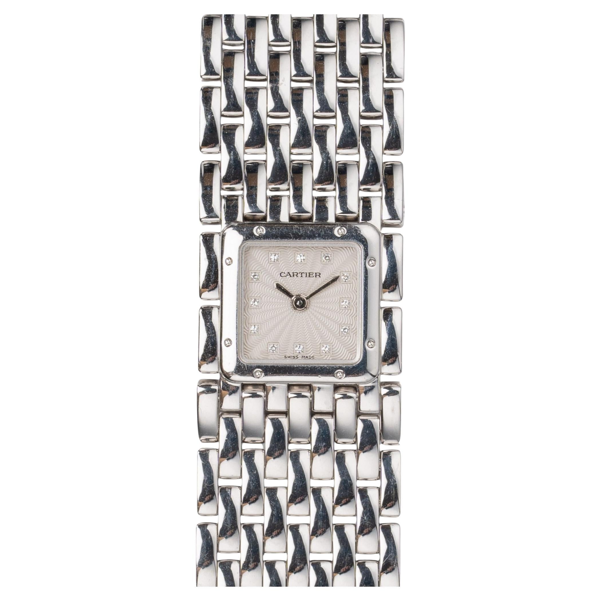 Cartier Panthere Mini Ribbon WG3008TB/2450 Guilloche Diamond Dial 18k WG 2000s For Sale