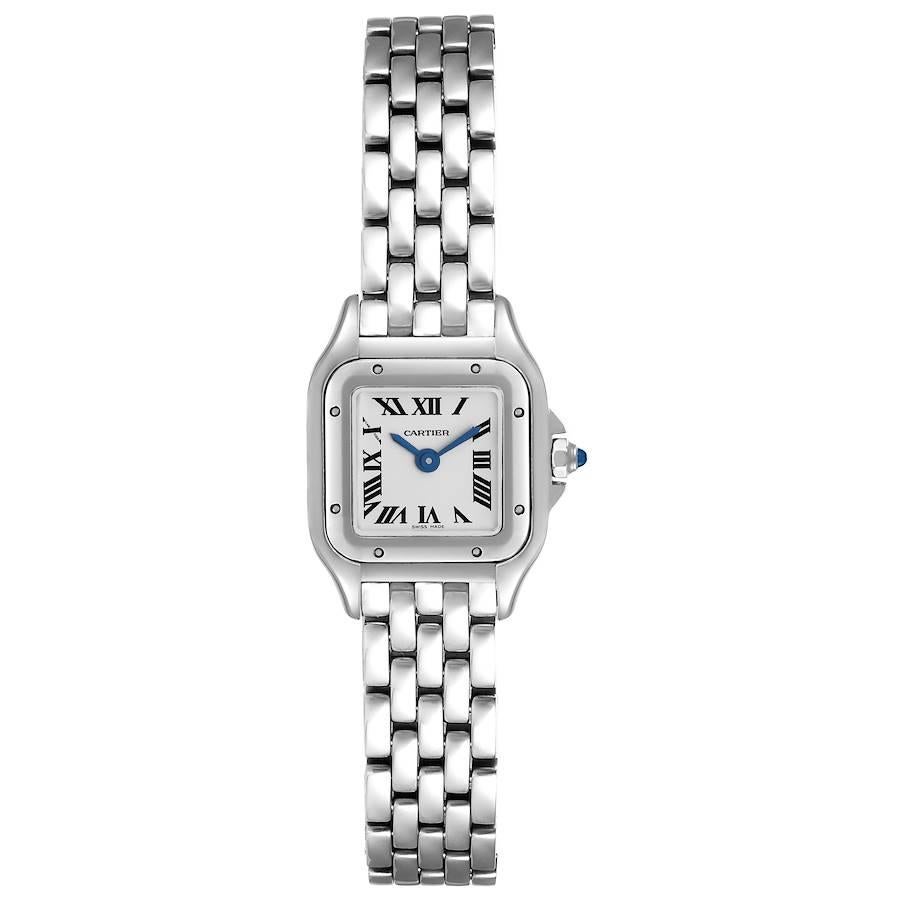Cartier Panthere Mini Stainless Steel Ladies Watch WSPN0019 Box Card. Quartz movement. Stainless steel case 25.0 x 21.0 mm. Octagonal crown set with the blue spinel cabochon. Stainless steel polished bezel, secured with 8 stainless steel pins.