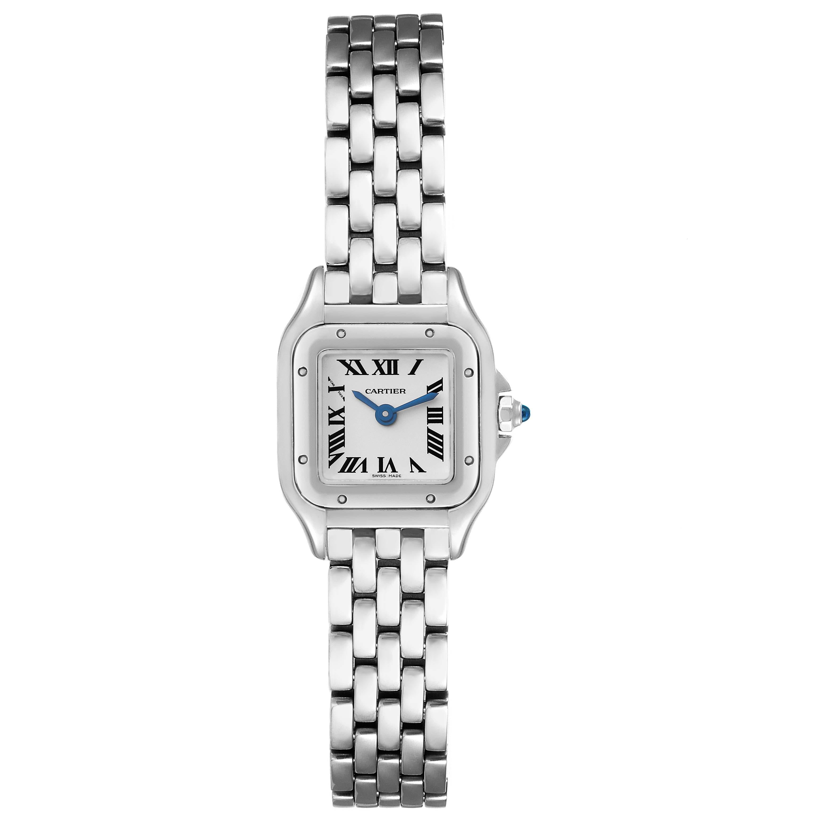 Cartier Panthere Mini Stainless Steel Ladies Watch WSPN0019 Box Card. Quartz movement. Stainless steel case 25.0 x 21.0 mm. Octagonal crown set with blue spinel cabochon. Stainless steel polished bezel, secured with 8 stainless steel pins. Scratch