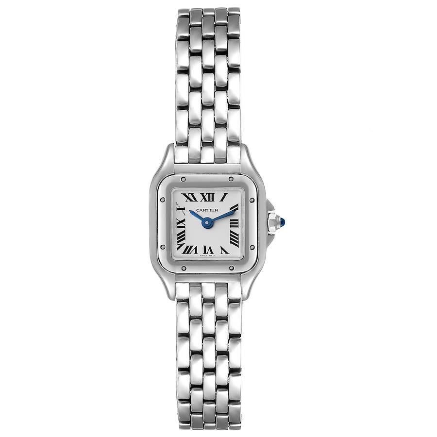 Cartier Panthere Mini Stainless Steel Ladies Watch WSPN0019 Box Papers. Quartz movement. Stainless steel case 25.0 x 21.0 mm. Octagonal crown set with the blue spinel cabochon. Stainless steel polished bezel, secured with 8 stainless steel pins.