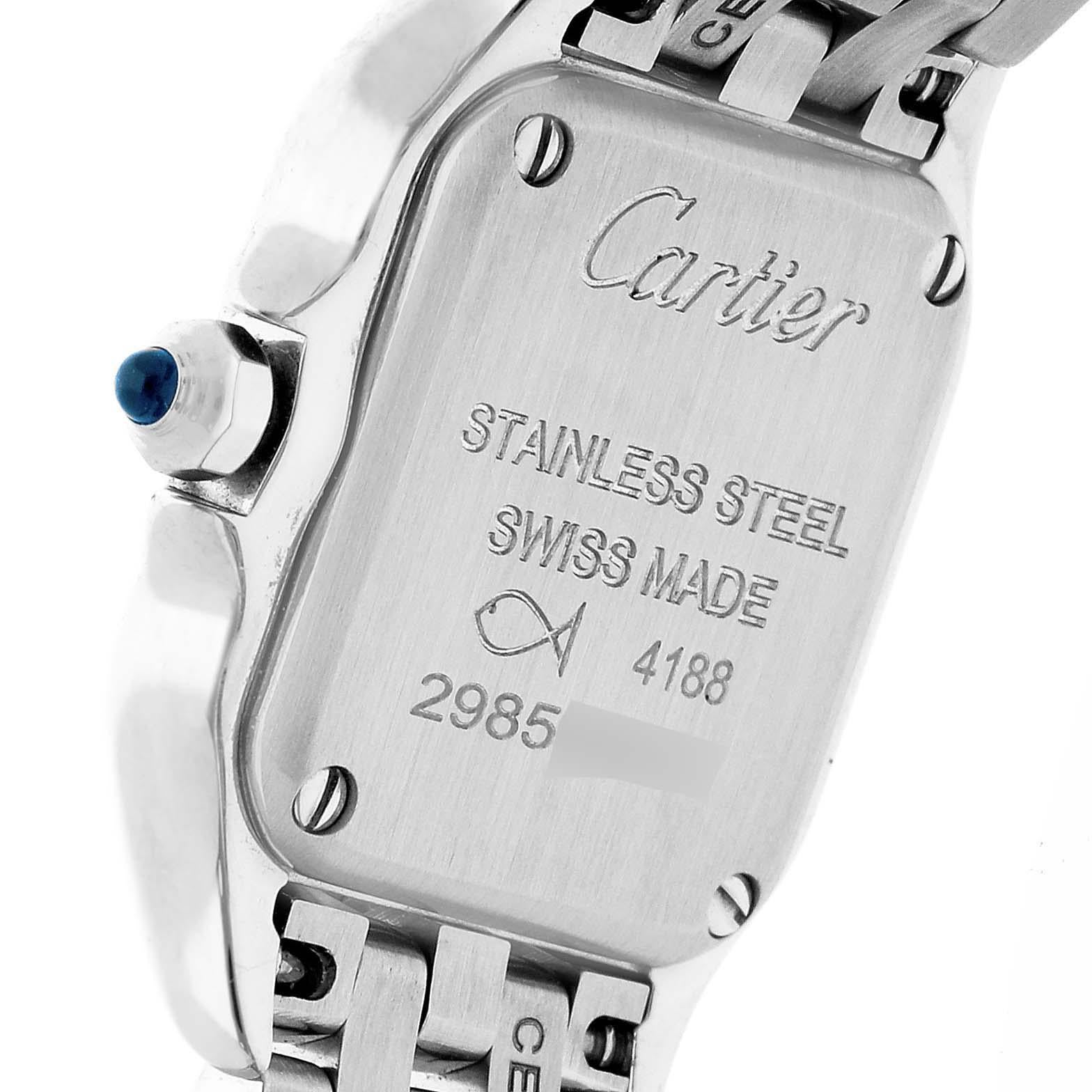 Cartier Panthere Mini Stainless Steel Ladies Watch WSPN0019 Unworn. Mouvement à quartz. Boîtier en acier inoxydable 25,0 x 21,0 mm. Couronne octogonale sertie d'un cabochon de spinelle bleu. Lunette en acier inoxydable poli, fixée par 8 goupilles en