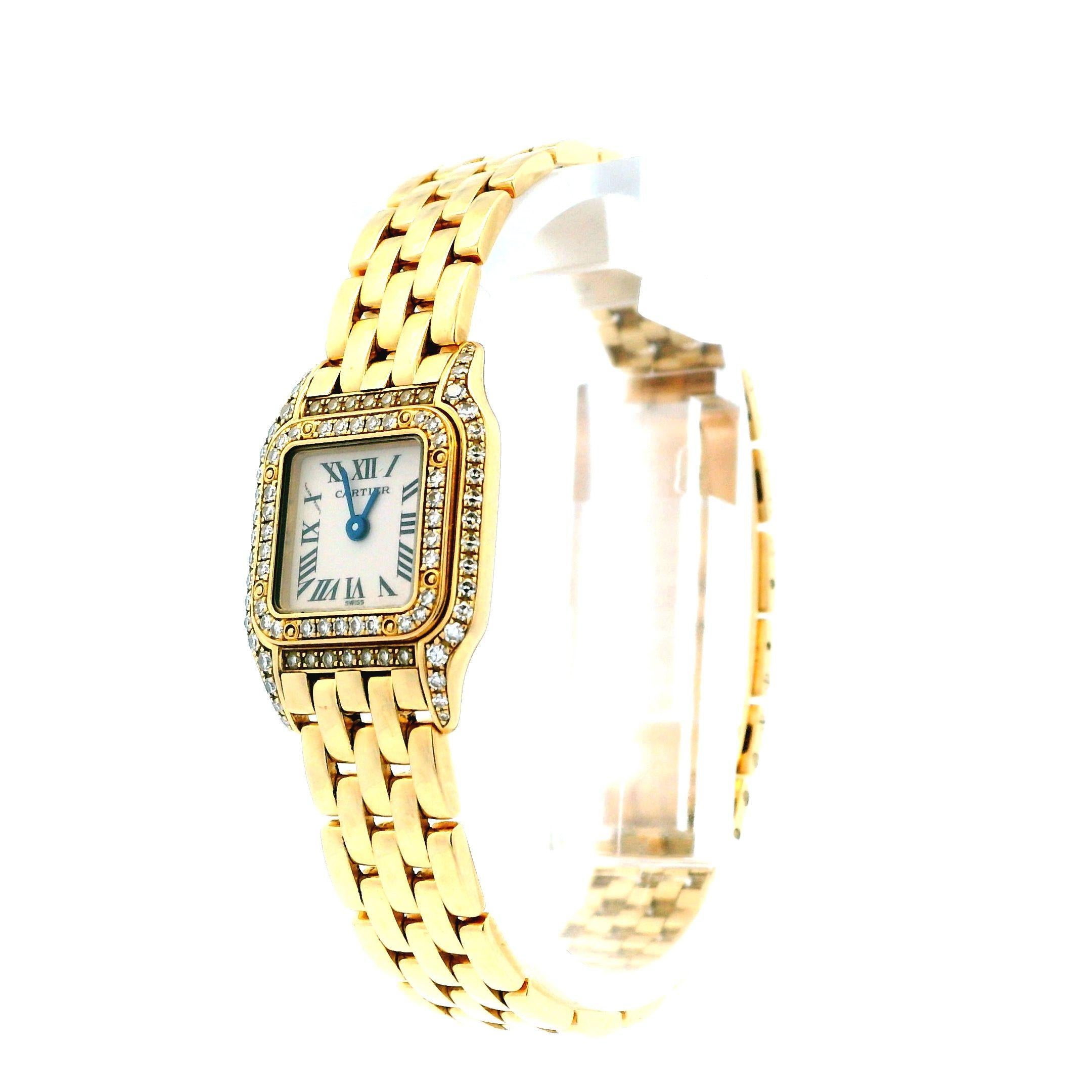 Cartier Panthere 2360 ladies watch. 17mm 18K yellow gold case with 18K yellow gold bezel & diamond set. Off-White dial with Blue steel hands and Roman numeral hour markers. 18K yellow gold bracelet with hidden butterfly clasp. Will fit up to a