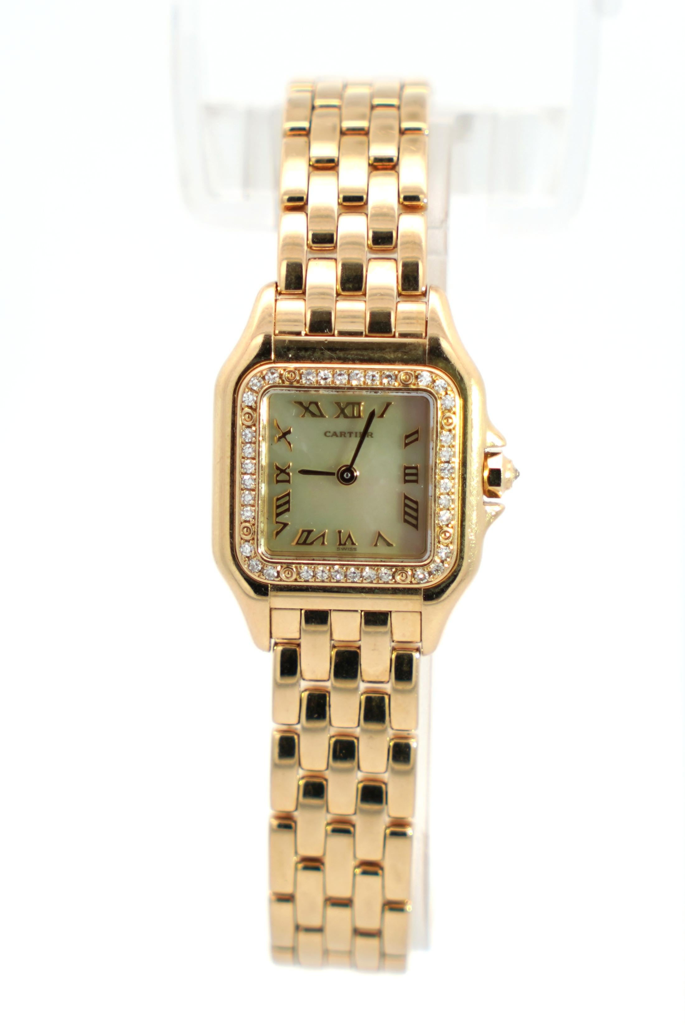 Round Cut Cartier Panthere MOP 22mm Factory Diamond Bezel Watch in 18K Yellow Gold