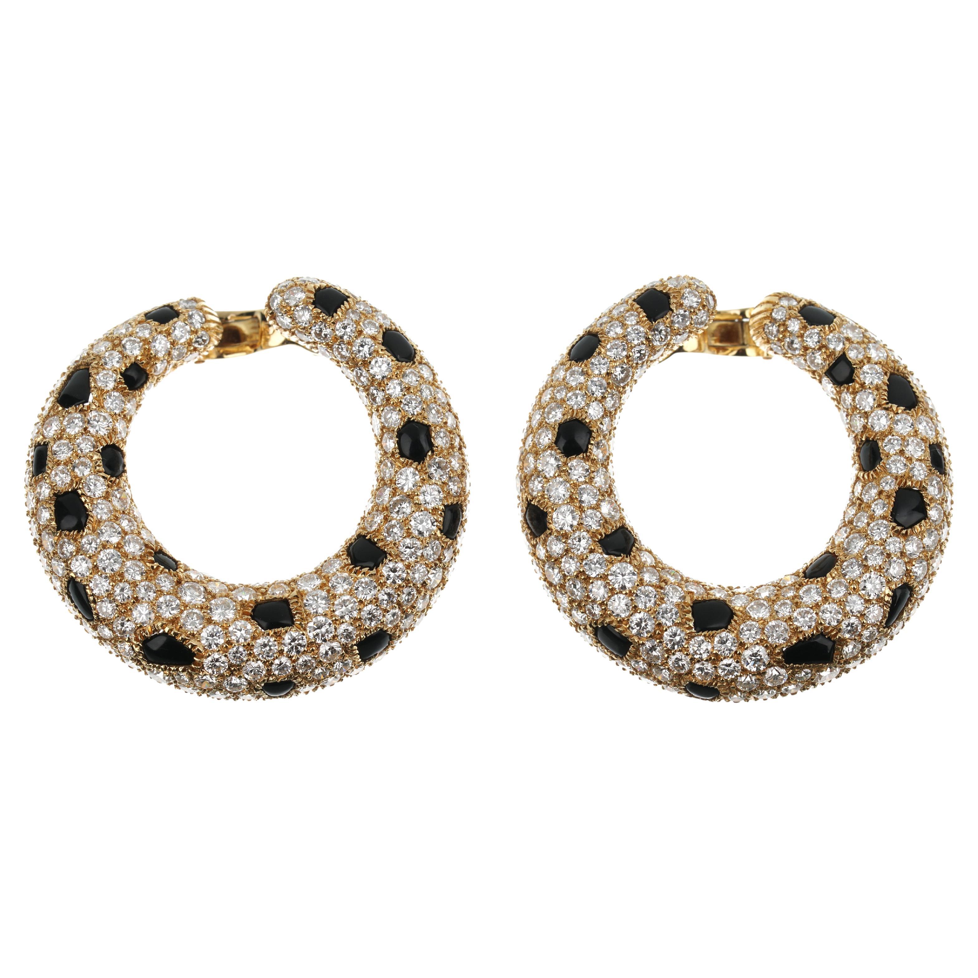 Cartier Panthere Onyx Diamond Yellow Gold Vintage Hoop Earrings For Sale