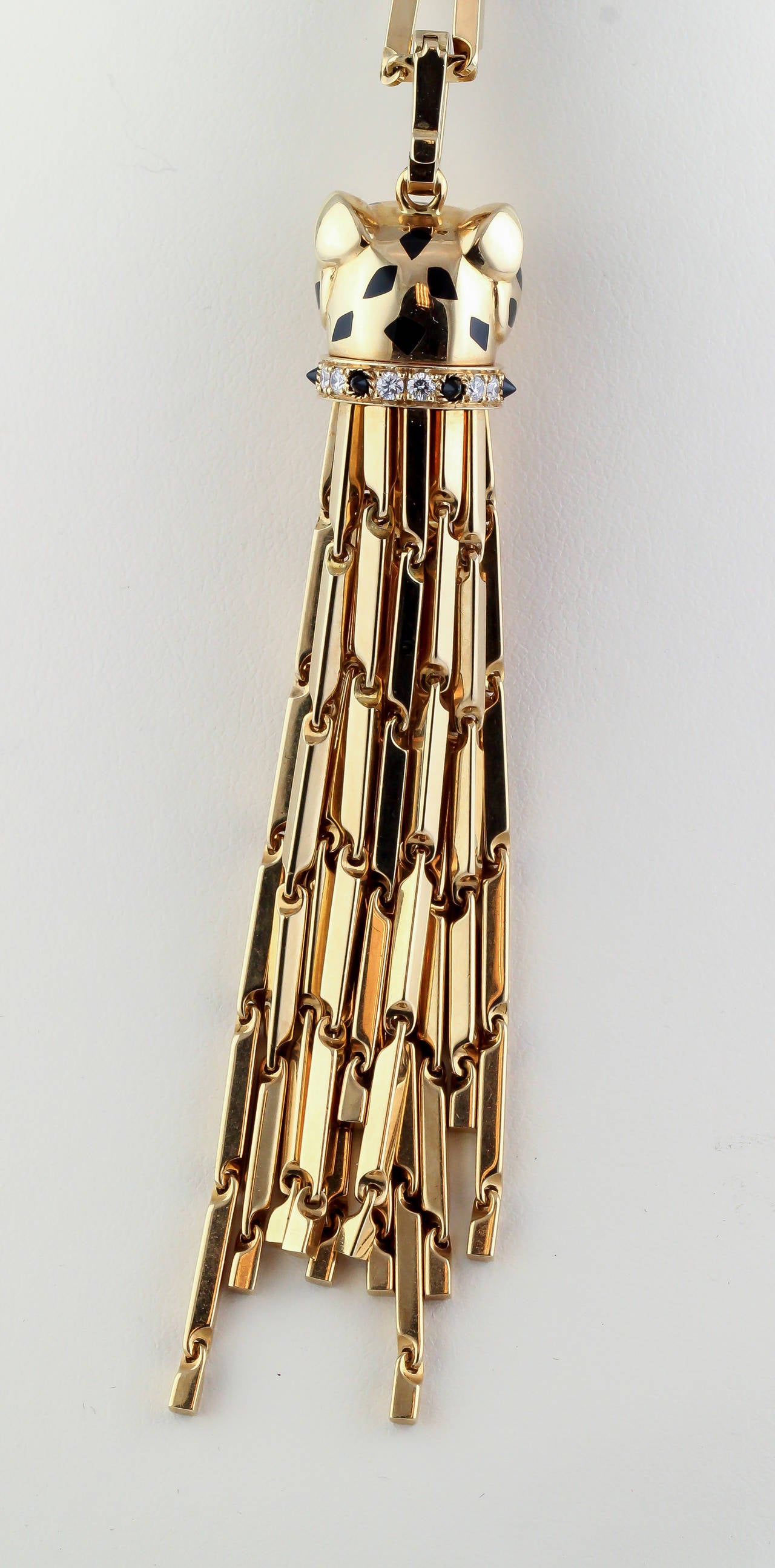 Contemporary Cartier Panthere Onyx Emerald Diamond 18k Yellow Gold Pendant Long Necklace