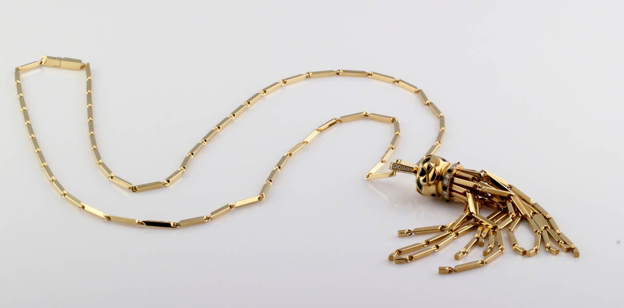 Brilliant Cut Cartier Panthere Onyx Emerald Diamond 18k Yellow Gold Pendant Long Necklace