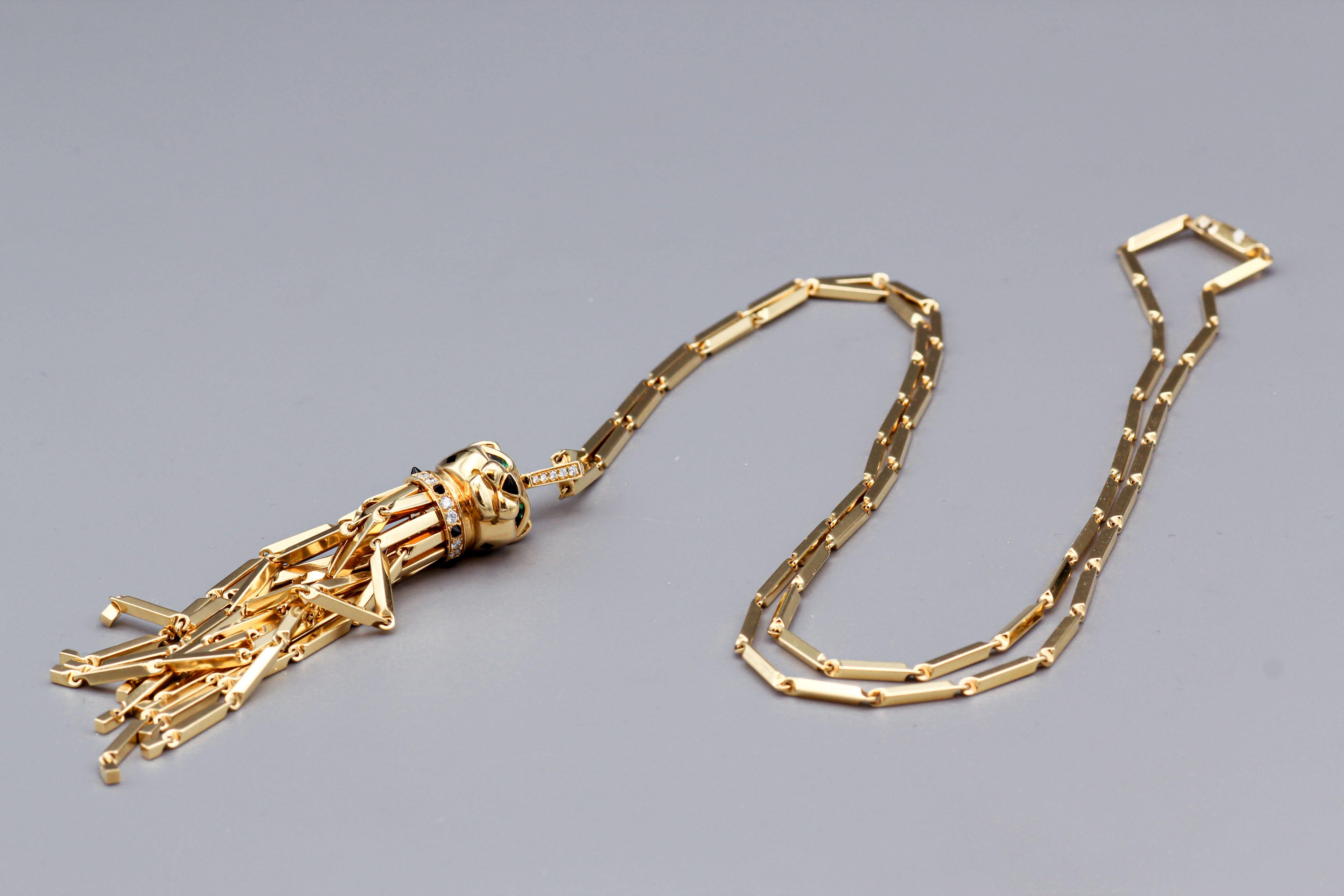 Cartier Panthere Onyx Emerald Diamond 18k Yellow Gold Pendant Long Necklace In Good Condition In New York City, NY