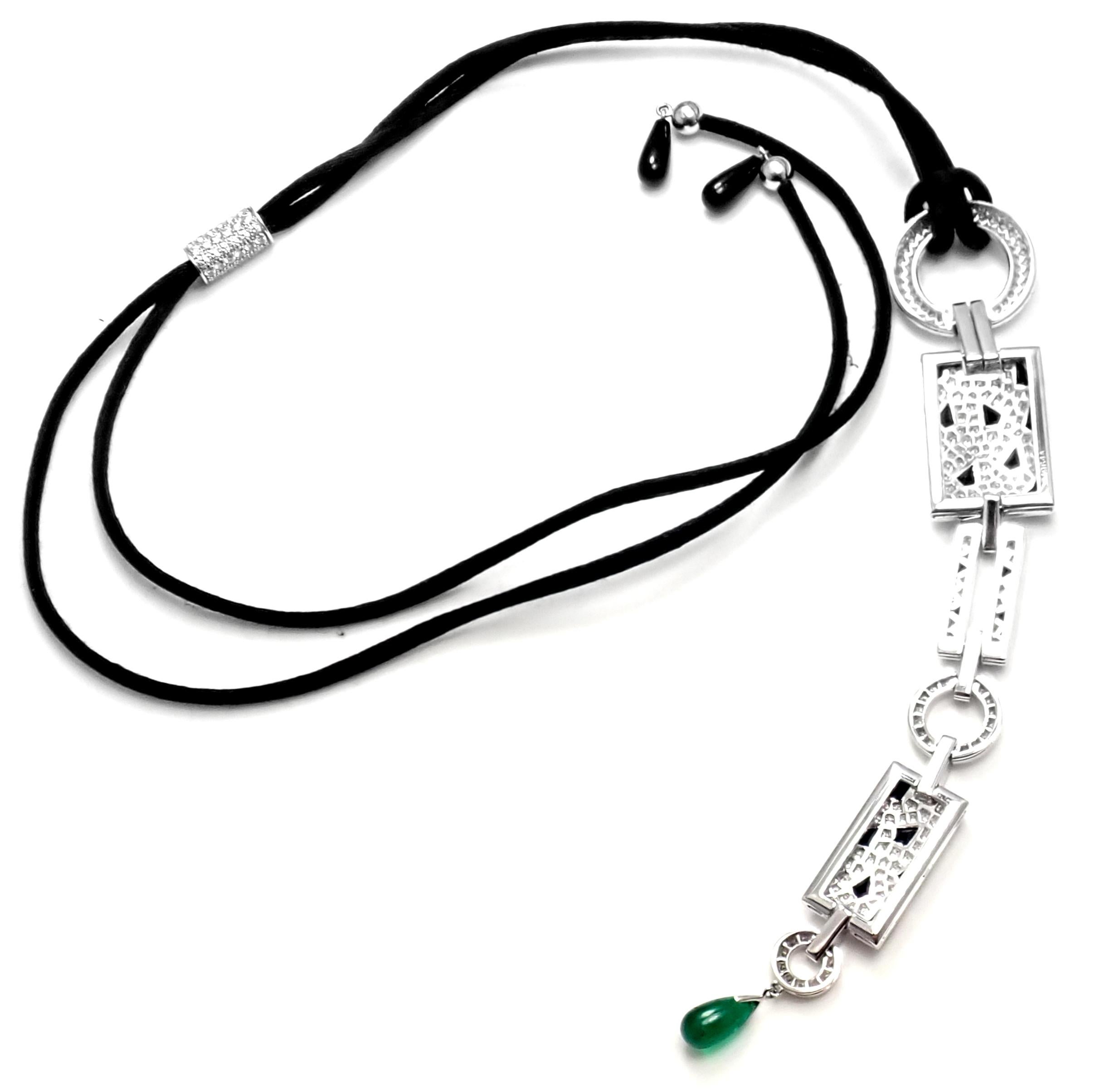Cartier Panthere Panther Diamond Onyx Emerald White Gold Drop Pendant Necklace In Excellent Condition In Southampton, PA