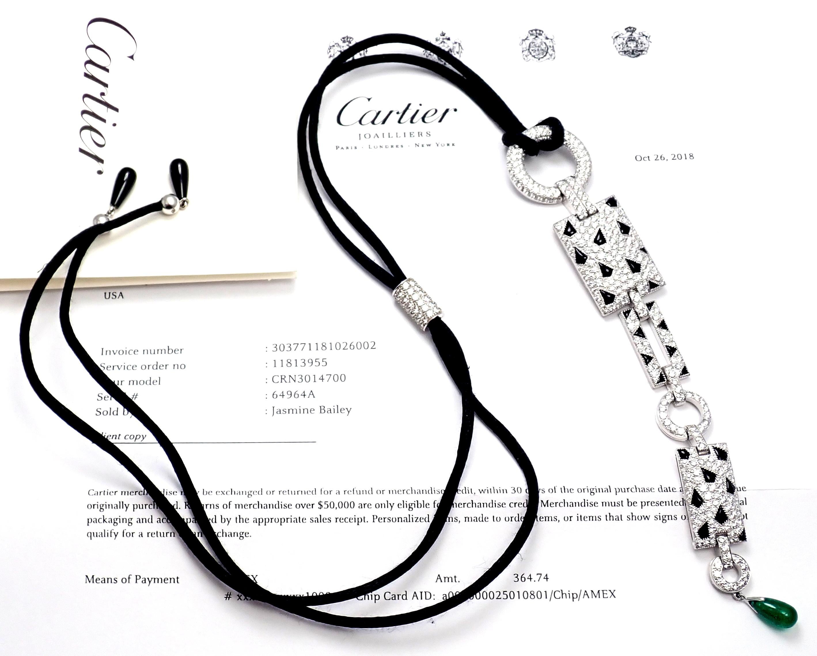 Women's or Men's Cartier Panthere Panther Diamond Onyx Emerald White Gold Drop Pendant Necklace