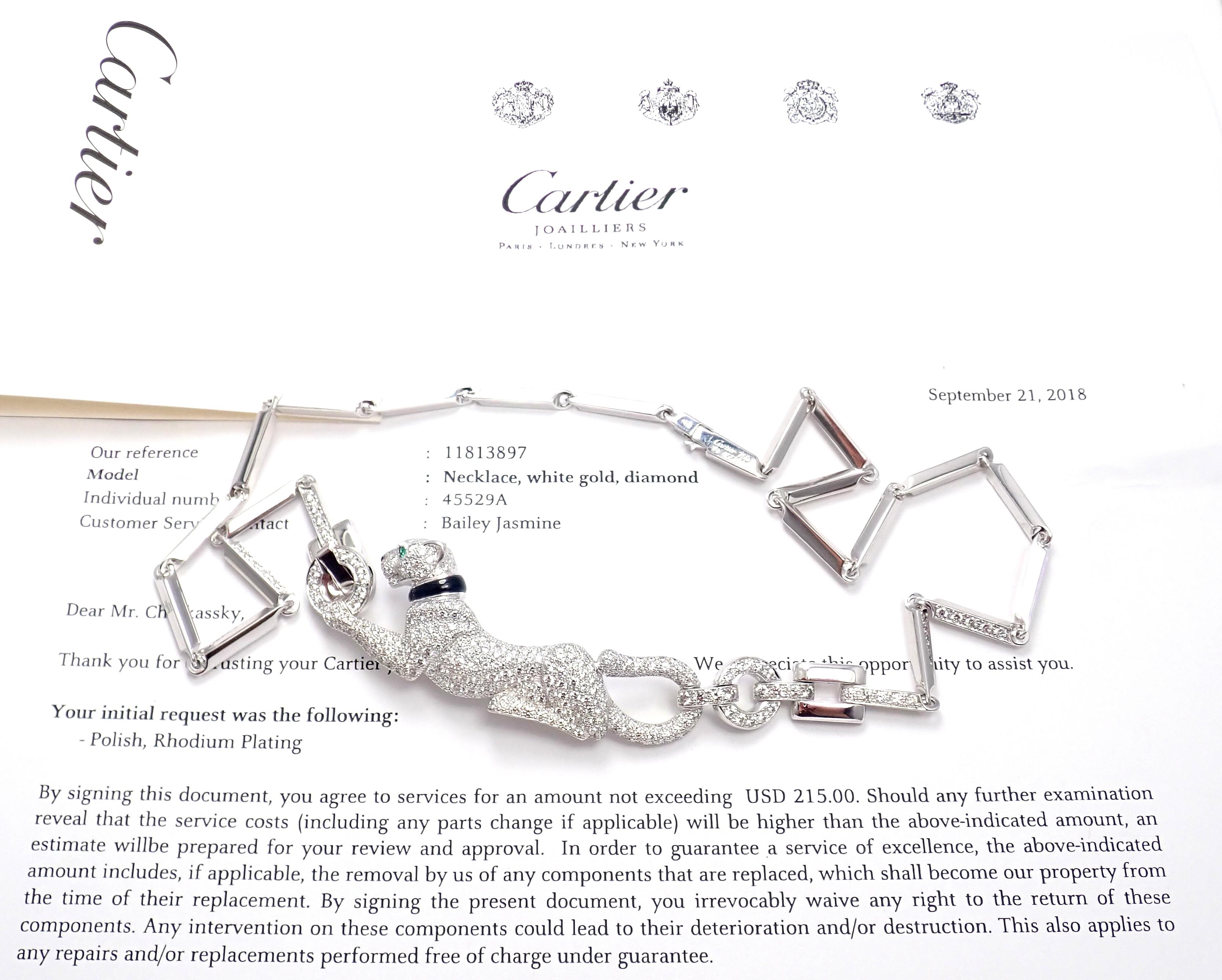 Cartier Panthere Panther Diamond Onyx Emerald White Gold Necklace In Excellent Condition In Holland, PA