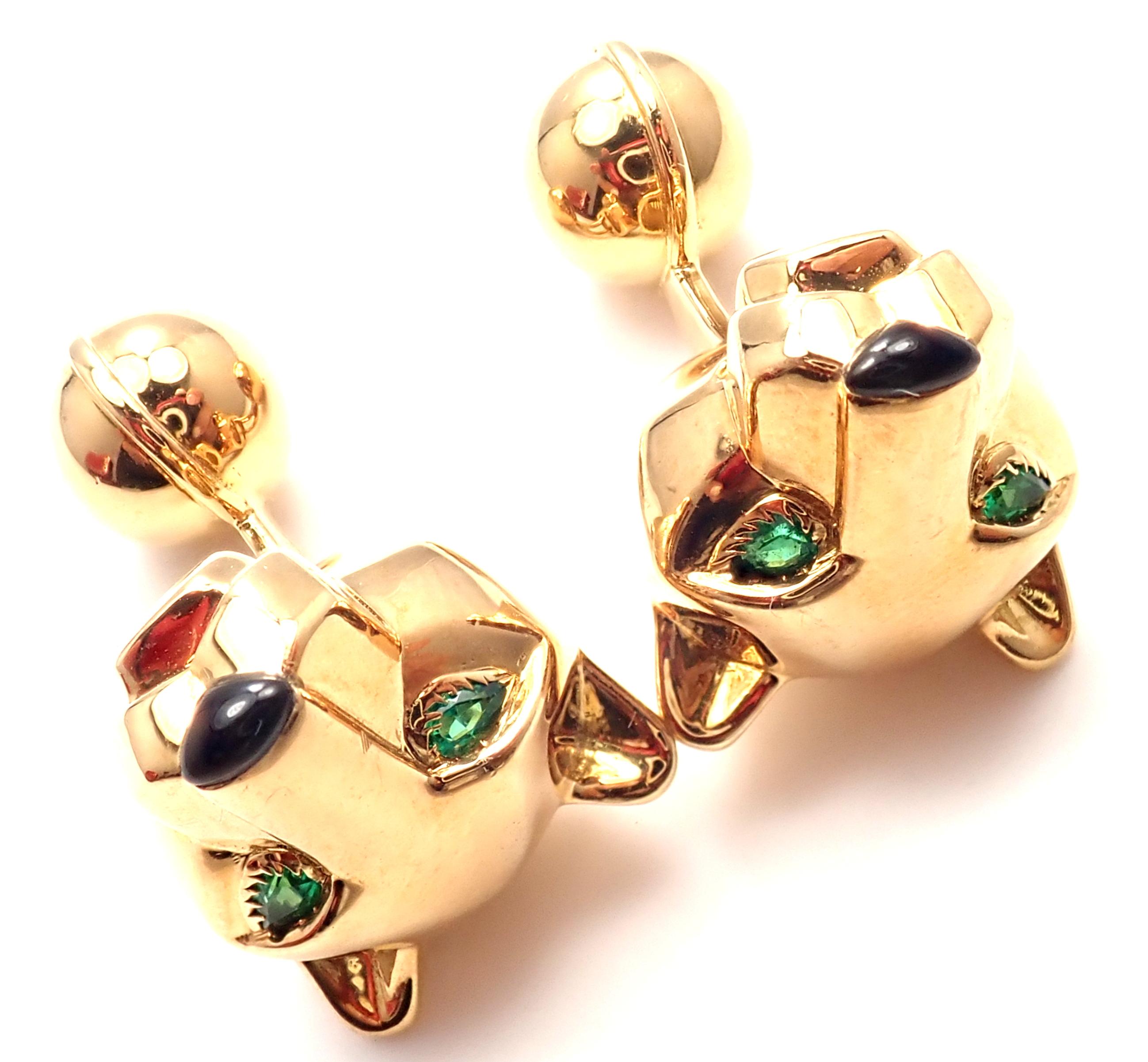Cartier Panthere Panther Emerald Onyx Yellow Gold Cufflinks In New Condition In Holland, PA