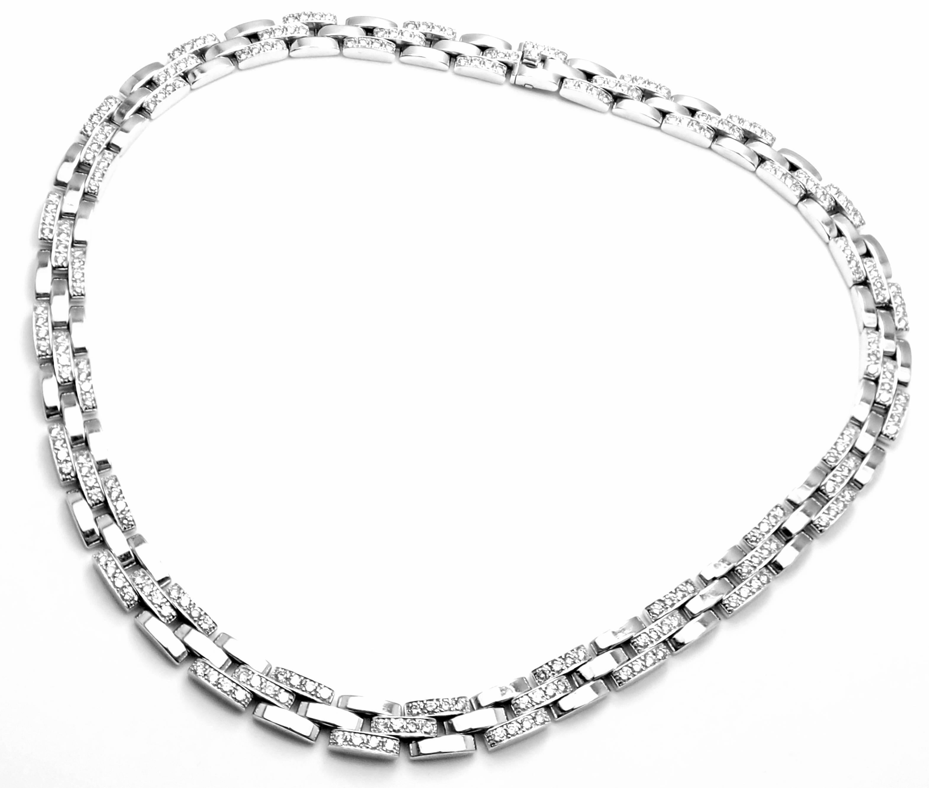 18k White Gold Diamond Maillon Panthere Necklace by Cartier. 
This necklace comes with an original Cartier box. 
With 240 round brilliant cut diamonds VVS1 clarity, E color total weight approx. 10ct
Details: 
Chain Length: 17'' 
Width: 9mm
Weight:
