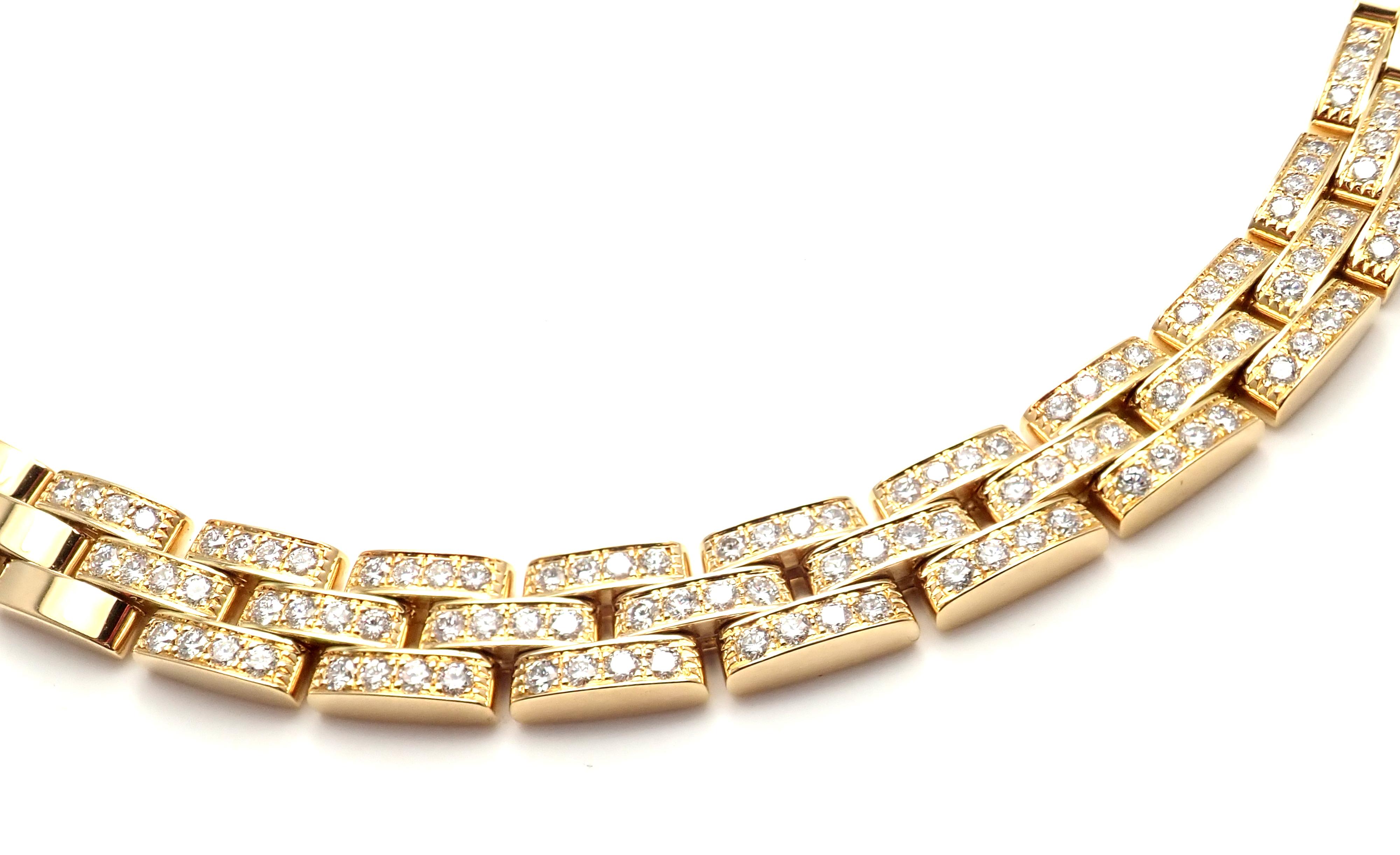 18k Yellow Gold Diamond Maillon Panthere Necklace by Cartier. 
This necklace is in mint condition and comes with Cartier service paper from 
Cartier store and a Cartier box.
With 228 round brilliant cut diamonds VVS1 clarity E color total weight