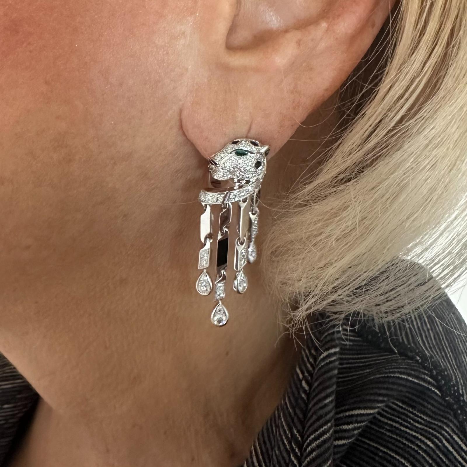 Boucles d'oreilles Cartier Panthère Pave Diamant Onyx Noir Or Blanc Emeraude en vente 11