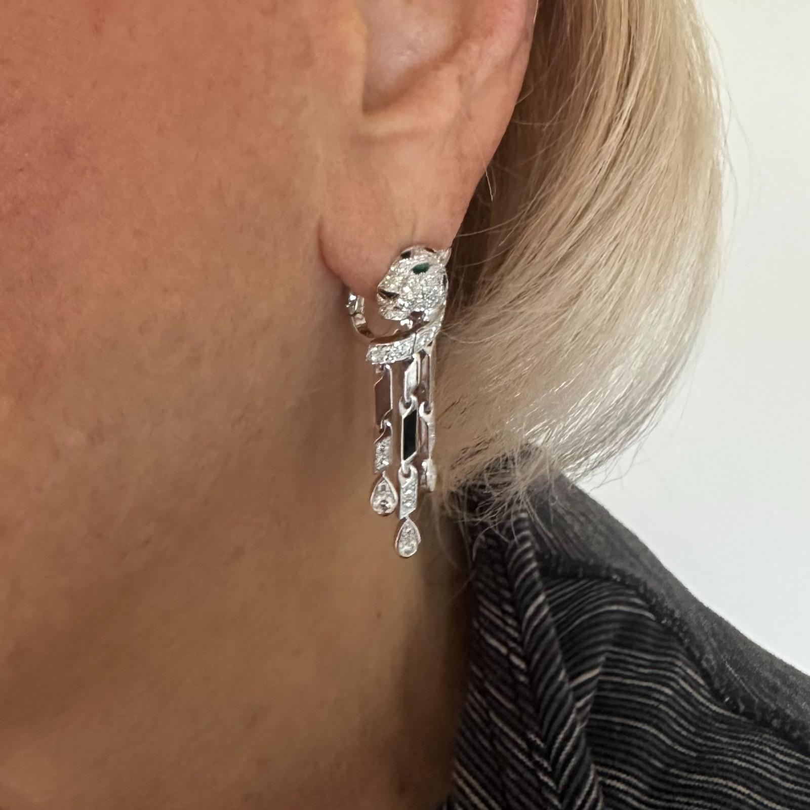 Boucles d'oreilles Cartier Panthère Pave Diamant Onyx Noir Or Blanc Emeraude en vente 12