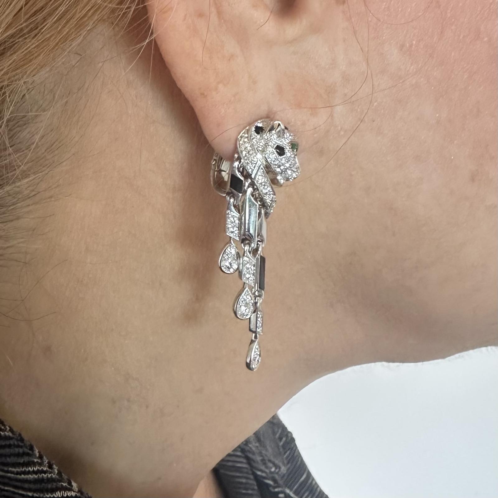 Boucles d'oreilles Cartier Panthère Pave Diamant Onyx Noir Or Blanc Emeraude en vente 13