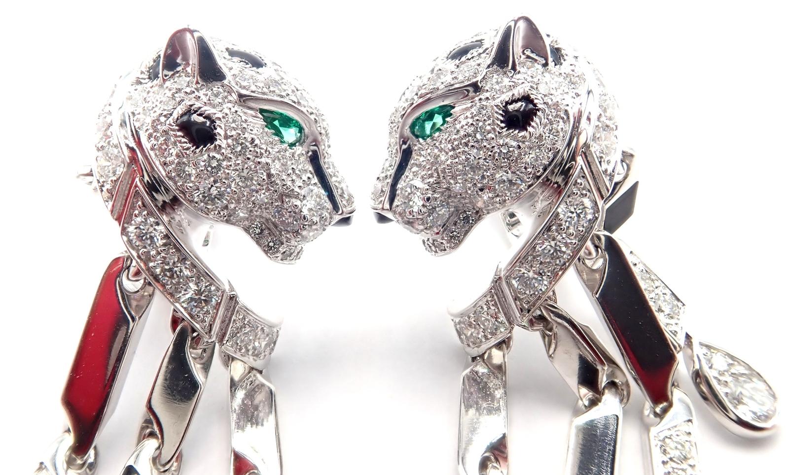 Boucles d'oreilles Cartier Panthère Pave Diamant Onyx Noir Or Blanc Emeraude Unisexe en vente