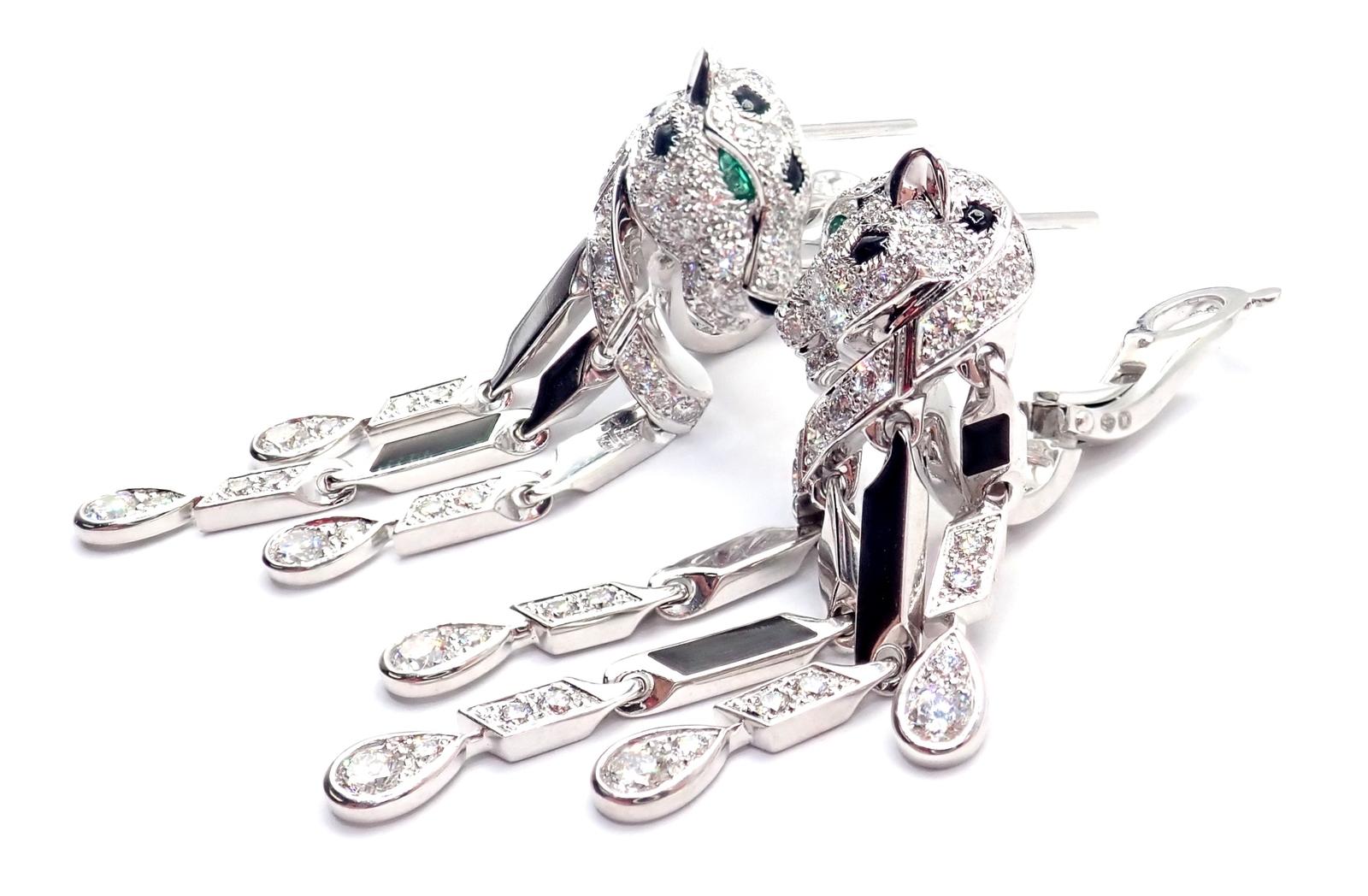 Boucles d'oreilles Cartier Panthère Pave Diamant Onyx Noir Or Blanc Emeraude en vente 1