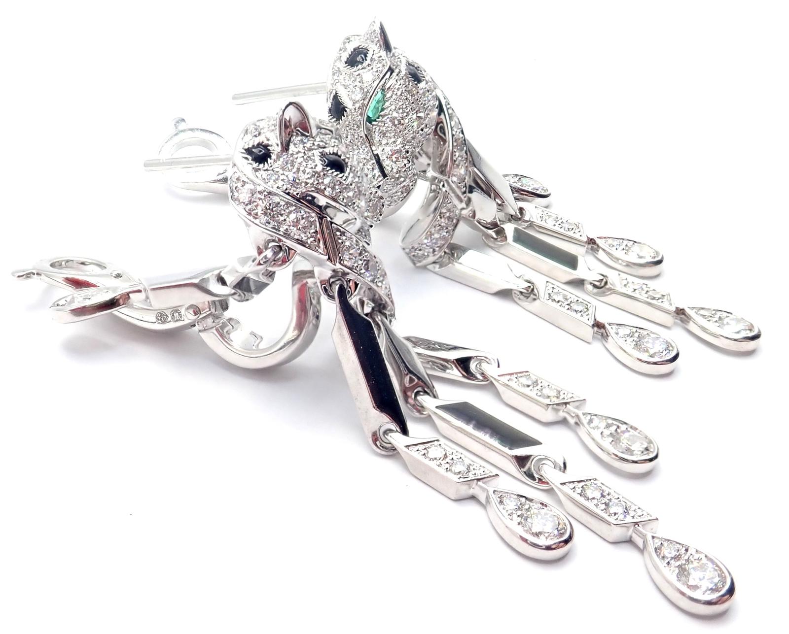 Boucles d'oreilles Cartier Panthère Pave Diamant Onyx Noir Or Blanc Emeraude en vente 2