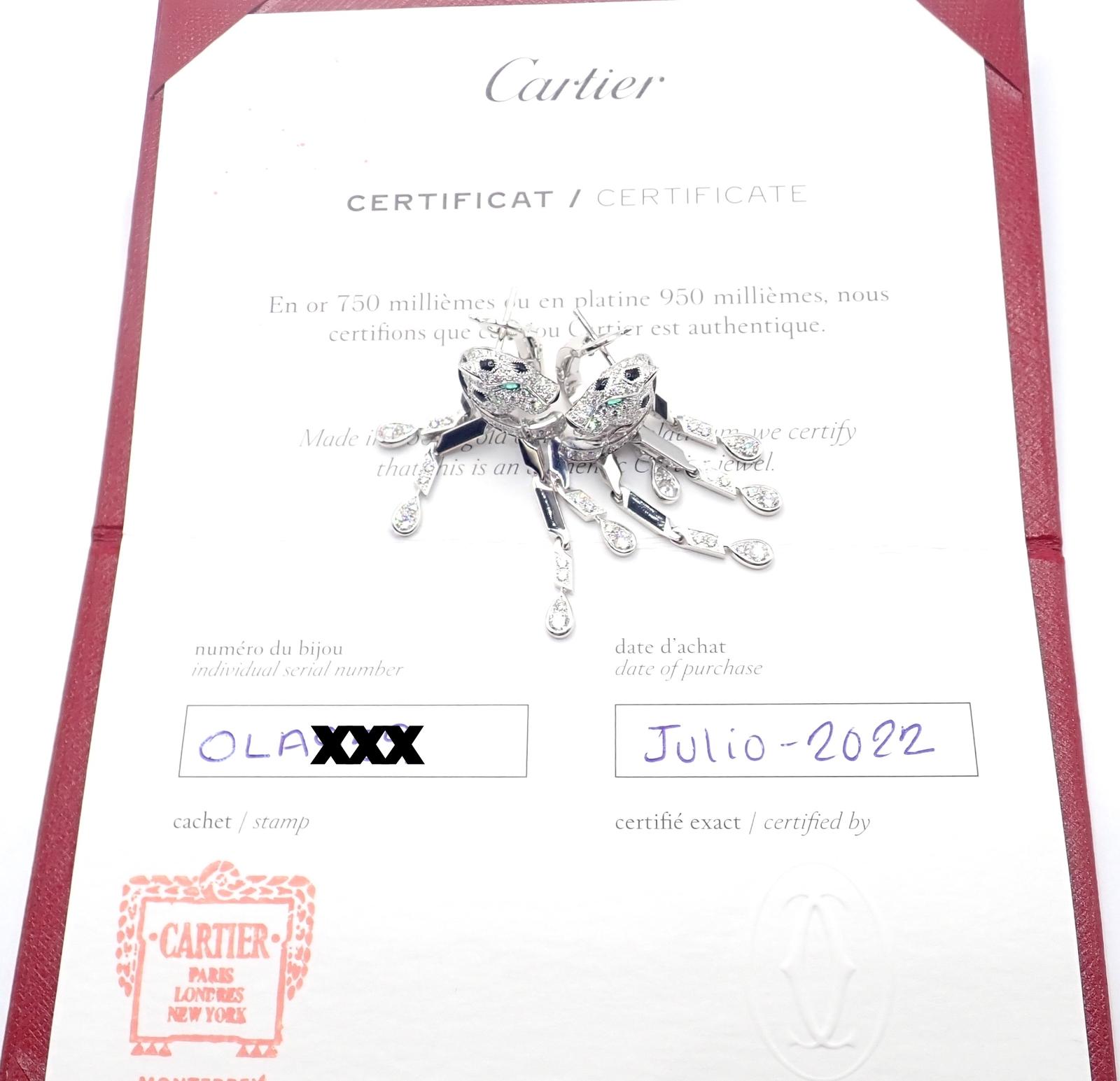 Boucles d'oreilles Cartier Panthère Pave Diamant Onyx Noir Or Blanc Emeraude en vente 4