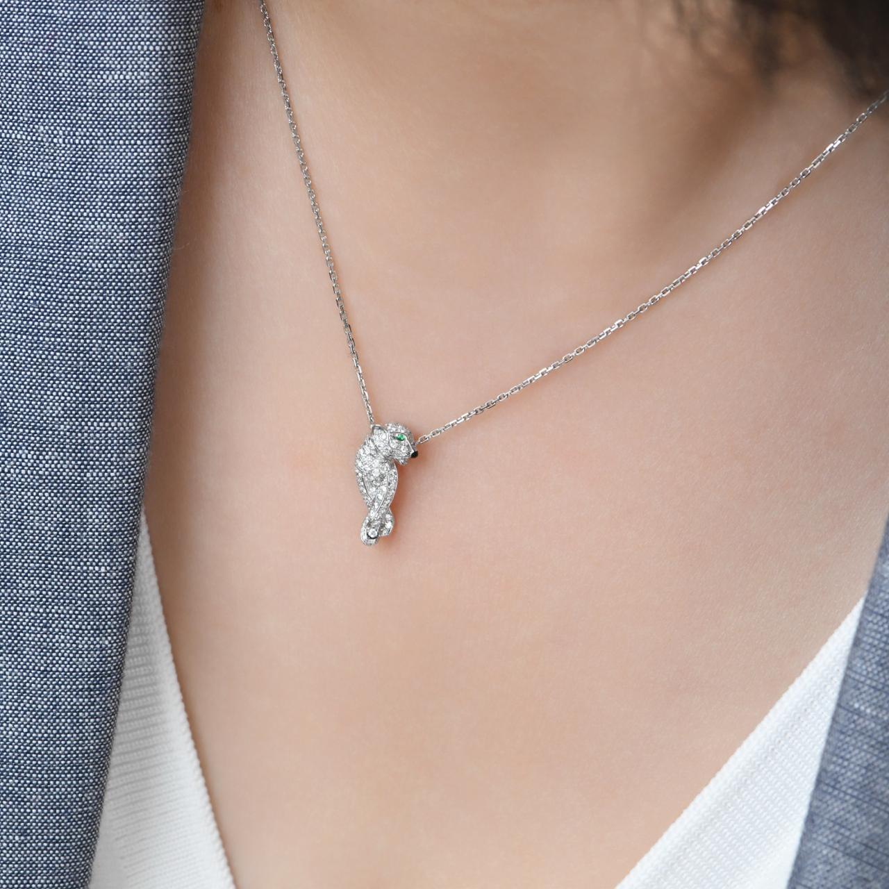 Brilliant Cut Cartier Panthère Pave Diamond Tsavorite Onyx 18K White Gold Pendant Necklace For Sale