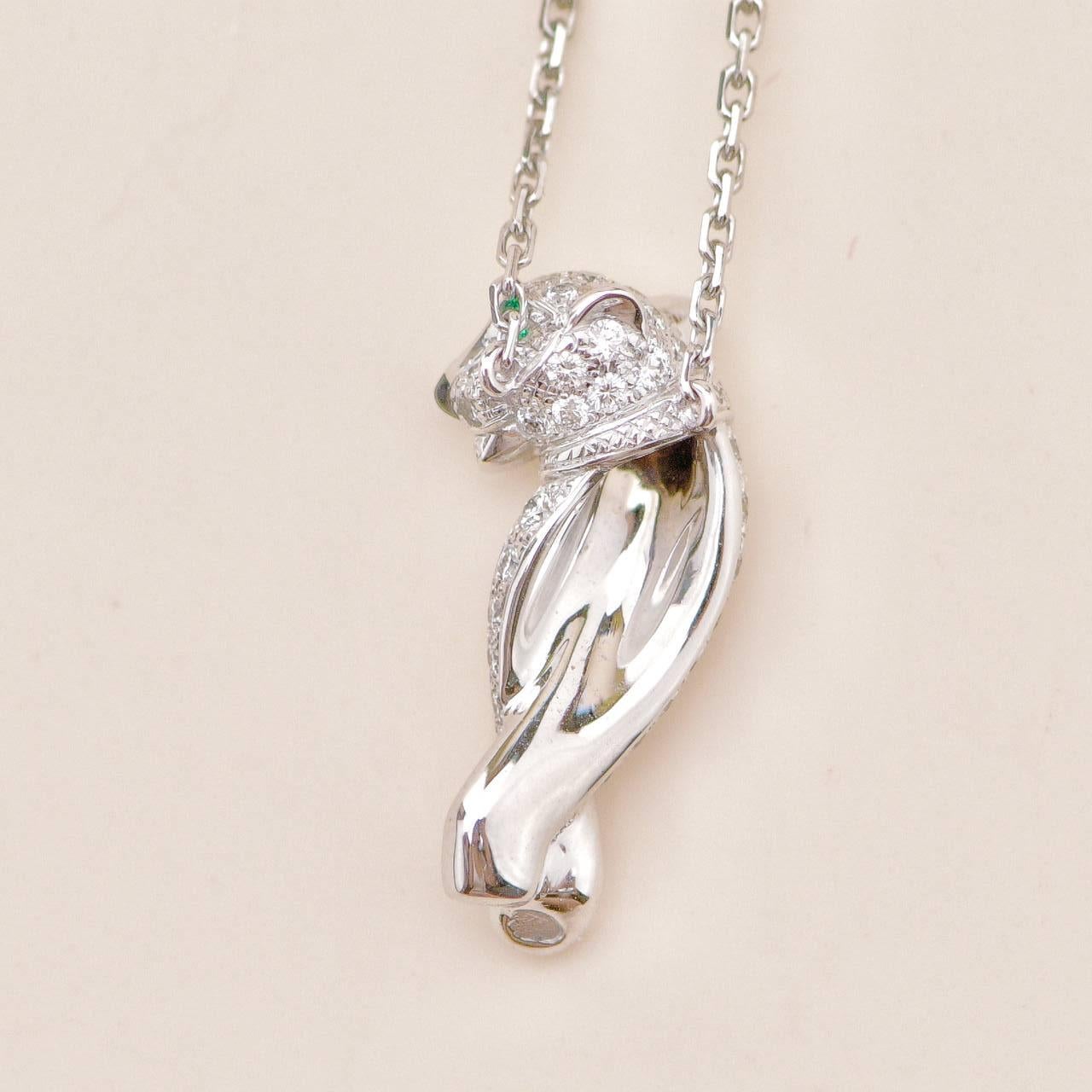 Cartier Panthère Pave Diamond Tsavorite Onyx 18K White Gold Pendant Necklace For Sale 2