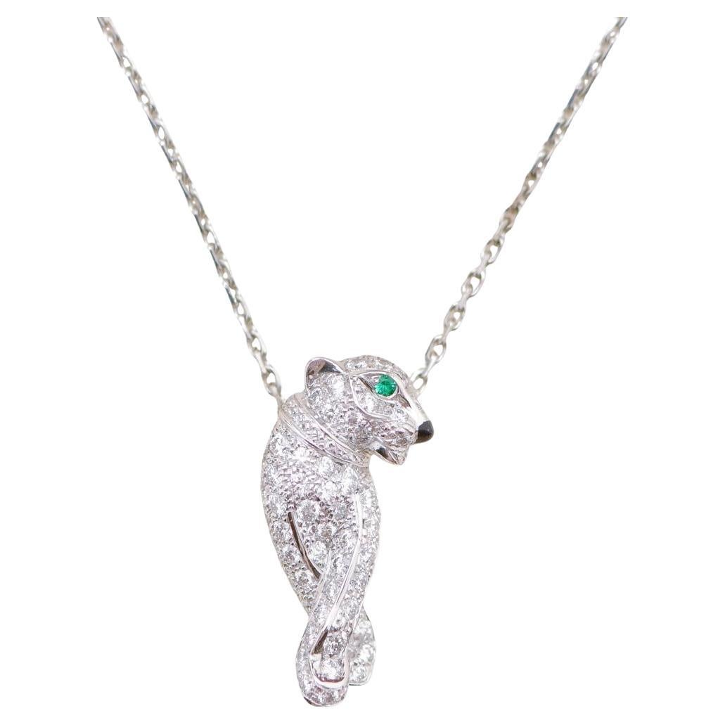 Cartier Panthère Pave Diamond Tsavorite Onyx 18K White Gold Pendant Necklace For Sale