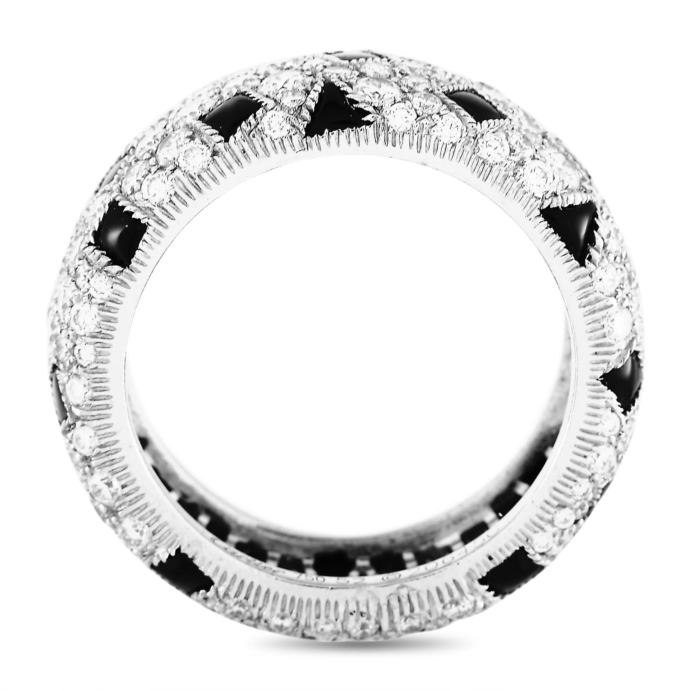 The Cartier “Panthère” pelage eternity band is made of 18K white gold and embellished with diamonds and onyxes. The band weighs 7.5 grams and boasts band thickness of 8 mm.

This jewelry piece is offered in estate condition and includes the