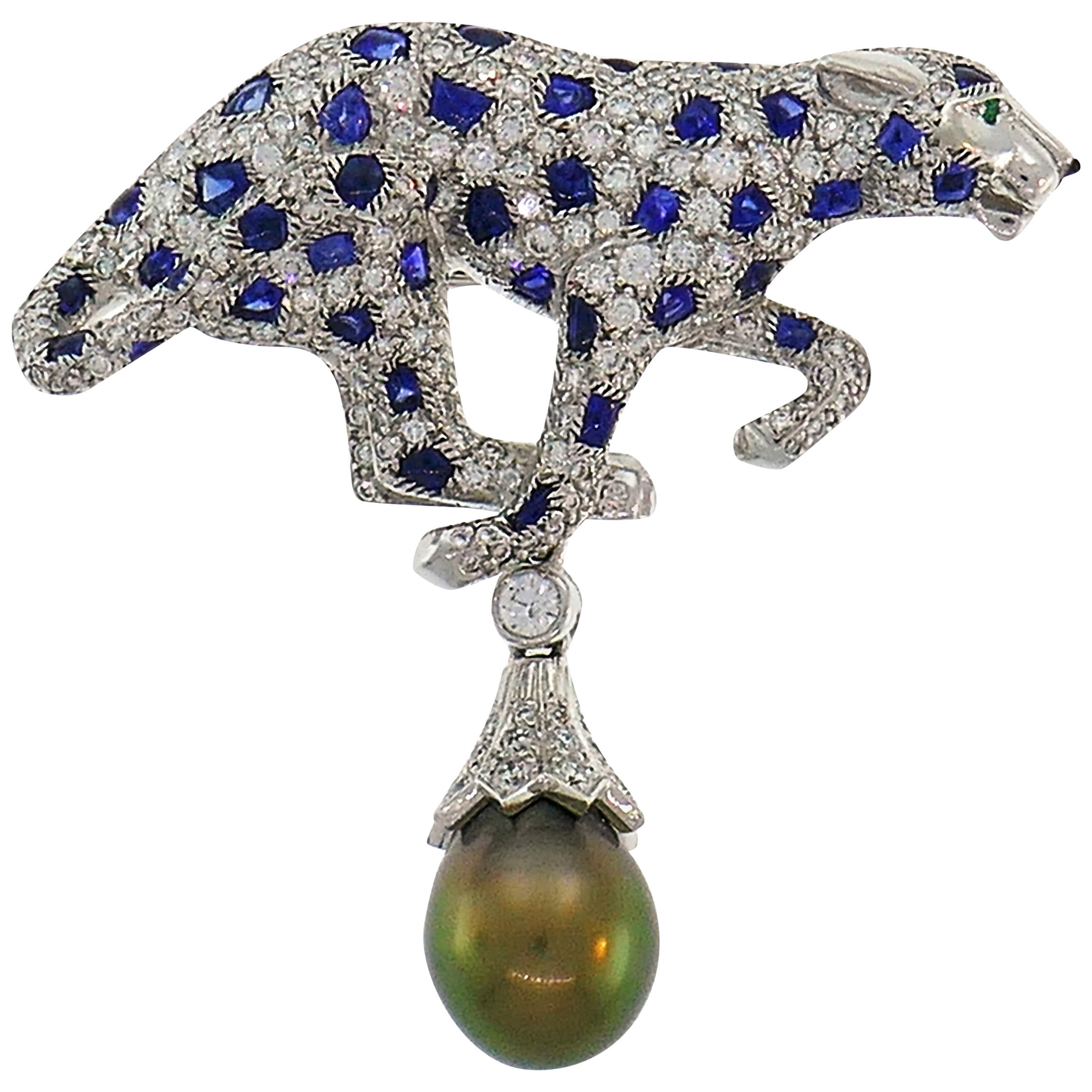 Cartier Panthere Pendant Brooch Pin Clip in Platinum Diamond Sapphire Pearl