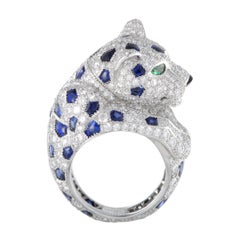 Cartier Panthere Platinum Full Diamond Pave, Sapphires, Emeralds, and Onyx Ring
