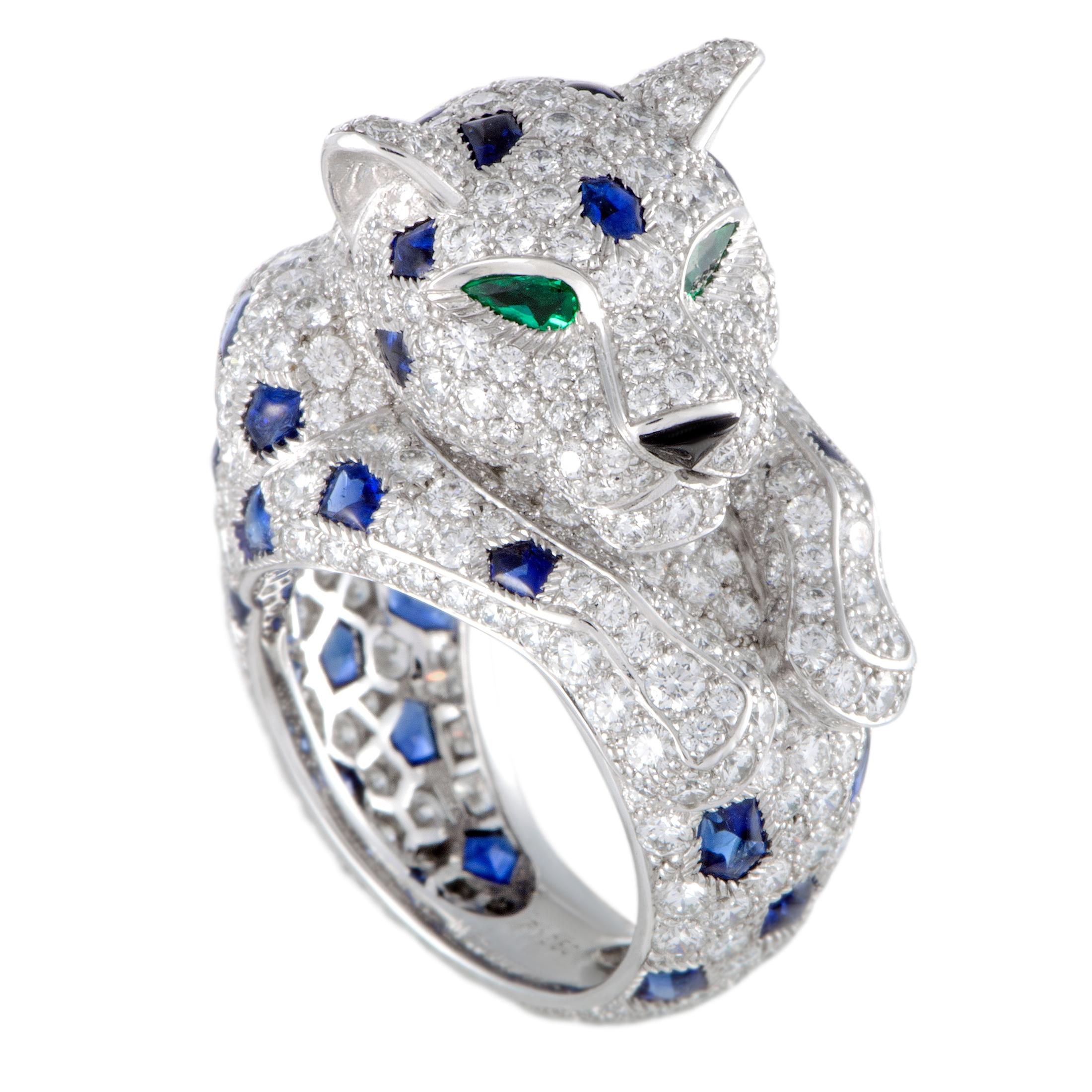 Cartier Panthere Platinum Full Diamond Pave, Sapphires, Emeralds, and Onyx Ring