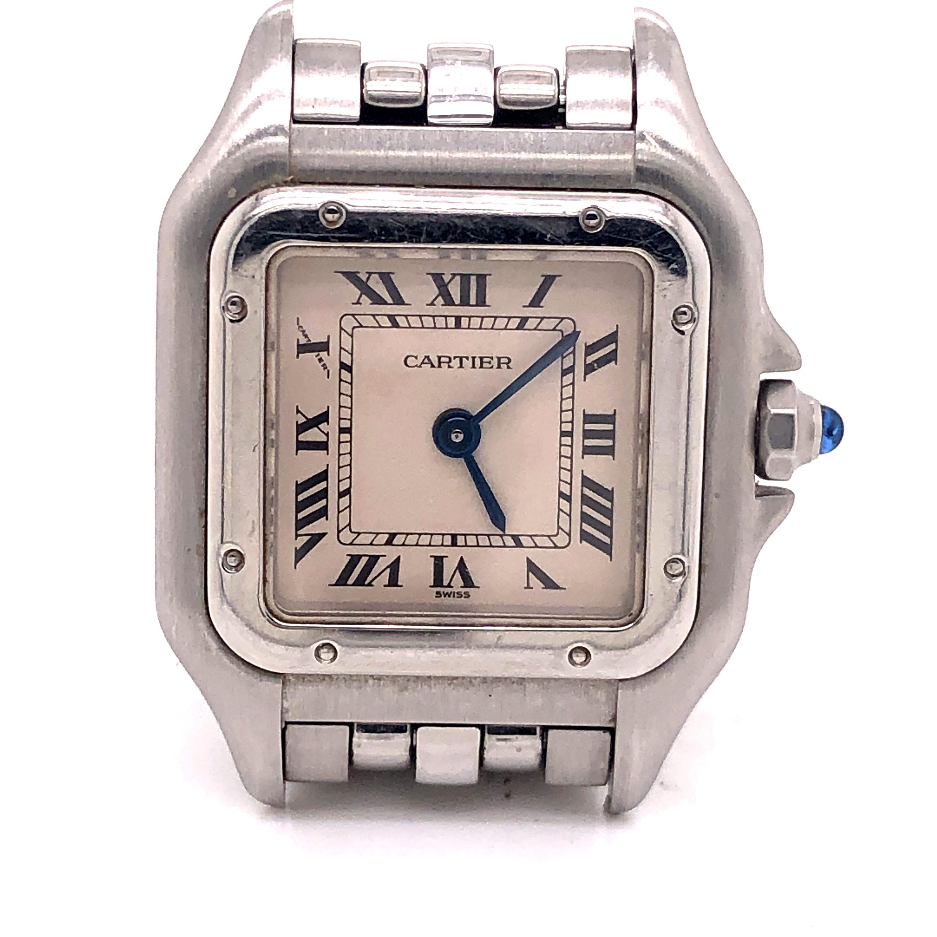 Gorgeous timeless Cartier Panthere  22 mm watch. Watch is in excellent working condition, keeping perfect time. Light wear is shown on case and strap. Back of watch still has original stickers. Fully hallmarked by designer. All photos taken under