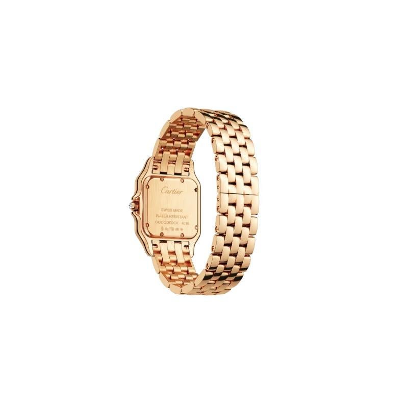 Medium model, quartz movement, rose gold, diamonds
Panthère de Cartier watch, medium model, quartz movement. Case in 18K pink gold set with brilliant-cut diamonds, dimensions: 27 mm x 37 mm, thickness: 6 mm, crown set with a diamond, silvered dial,