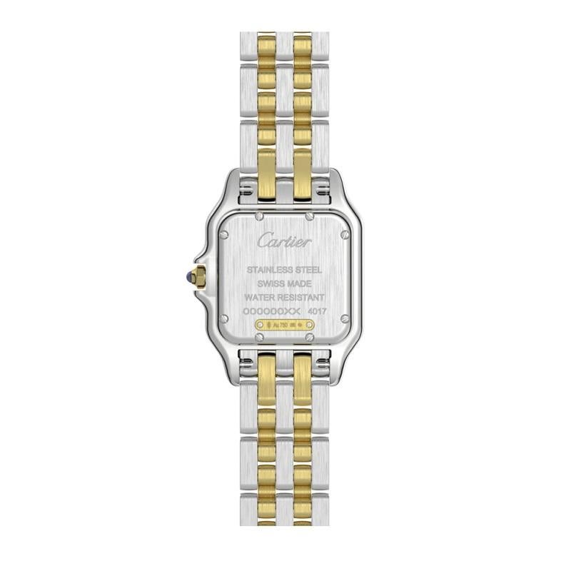 Panthère de Cartier watch, medium model, quartz movement. Case in 18K yellow gold and steel, dimensions: 27 mm x 37 mm, thickness: 6 mm, crown set with a synthetic blue spinel, silvered dial, blued-steel sword-shaped hands, bracelet in 18K yellow