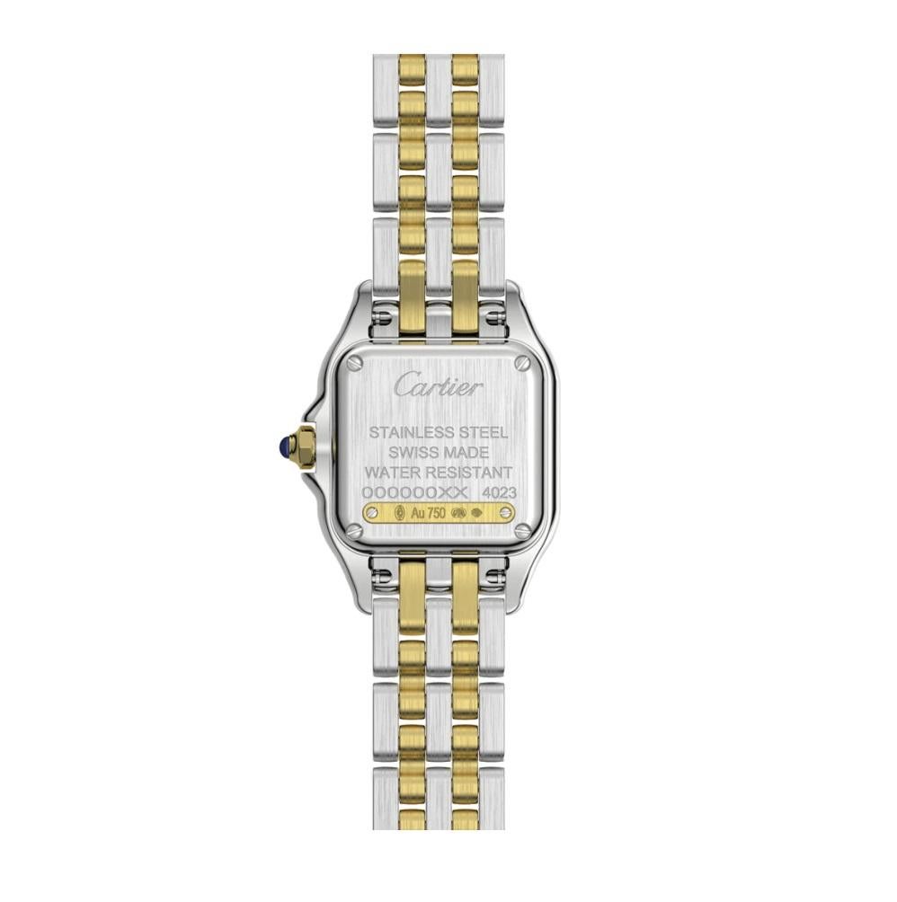 Panthère de Cartier watch, small model, quartz movement. Case in 18K yellow gold and steel, dimensions: 22 mm x 30 mm, thickness: 6 mm, crown set with a synthetic blue spinel, silvered dial, blued-steel sword-shaped hands, bracelet in 18K yellow