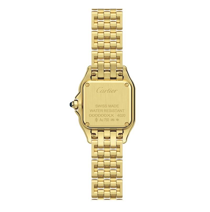 Panthère de Cartier watch, small model, quartz movement. Case in 18K yellow gold, dimensions: 22 mm x 30 mm, thickness: 6 mm, crown set with a blue sapphire, silvered dial, blued-steel sword-shaped hands, 18K yellow gold bracelet. Water-resistant to